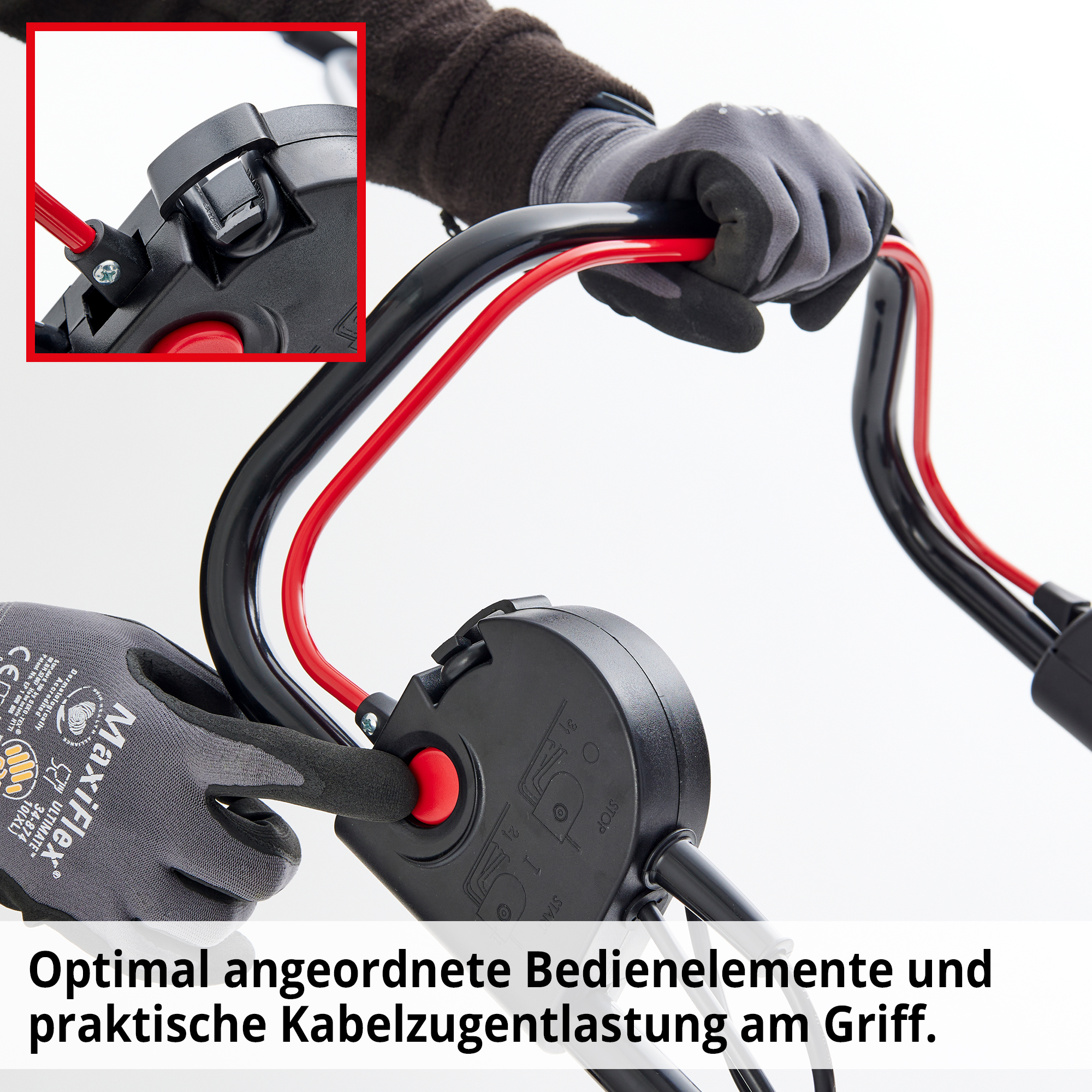 Elektro-Rasenmäher mit optimalen Bedienelementen und praktische Kabelzugentlastung am Führungsholm