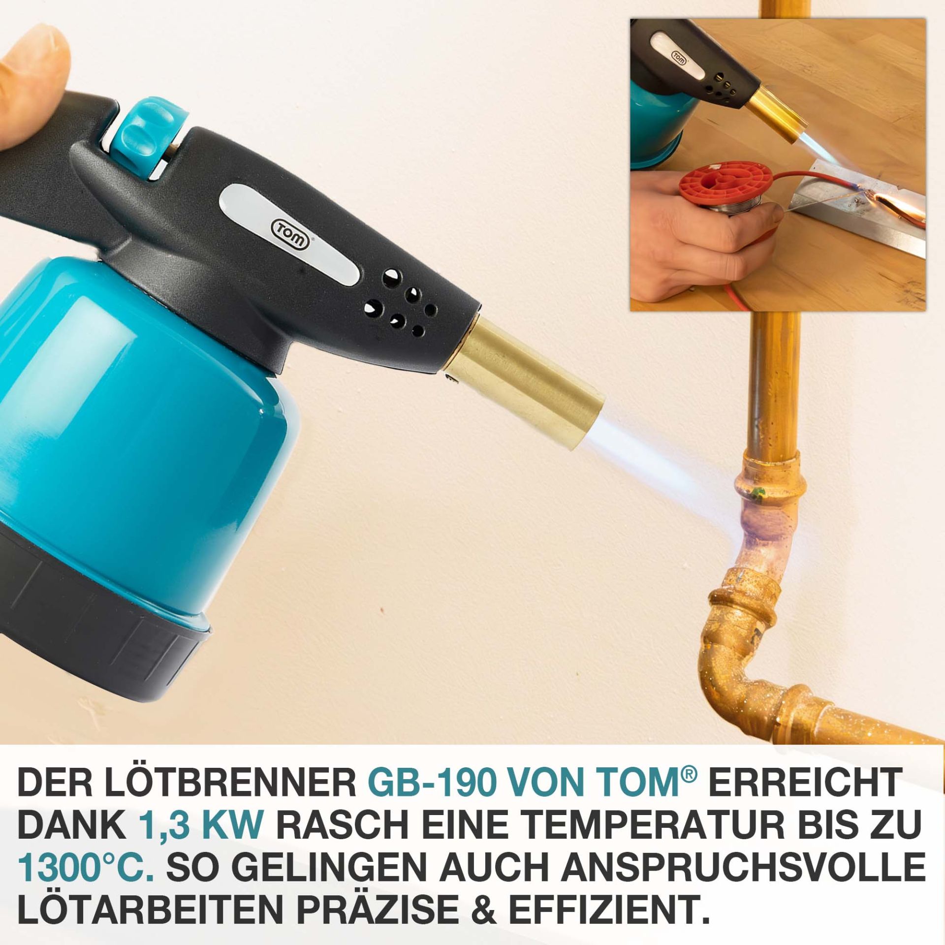 TOM Lötbrenner GB-190; 1,3 Kilowatt Leistung und bis zu 1300 Grad Celsius Flammentemperatur