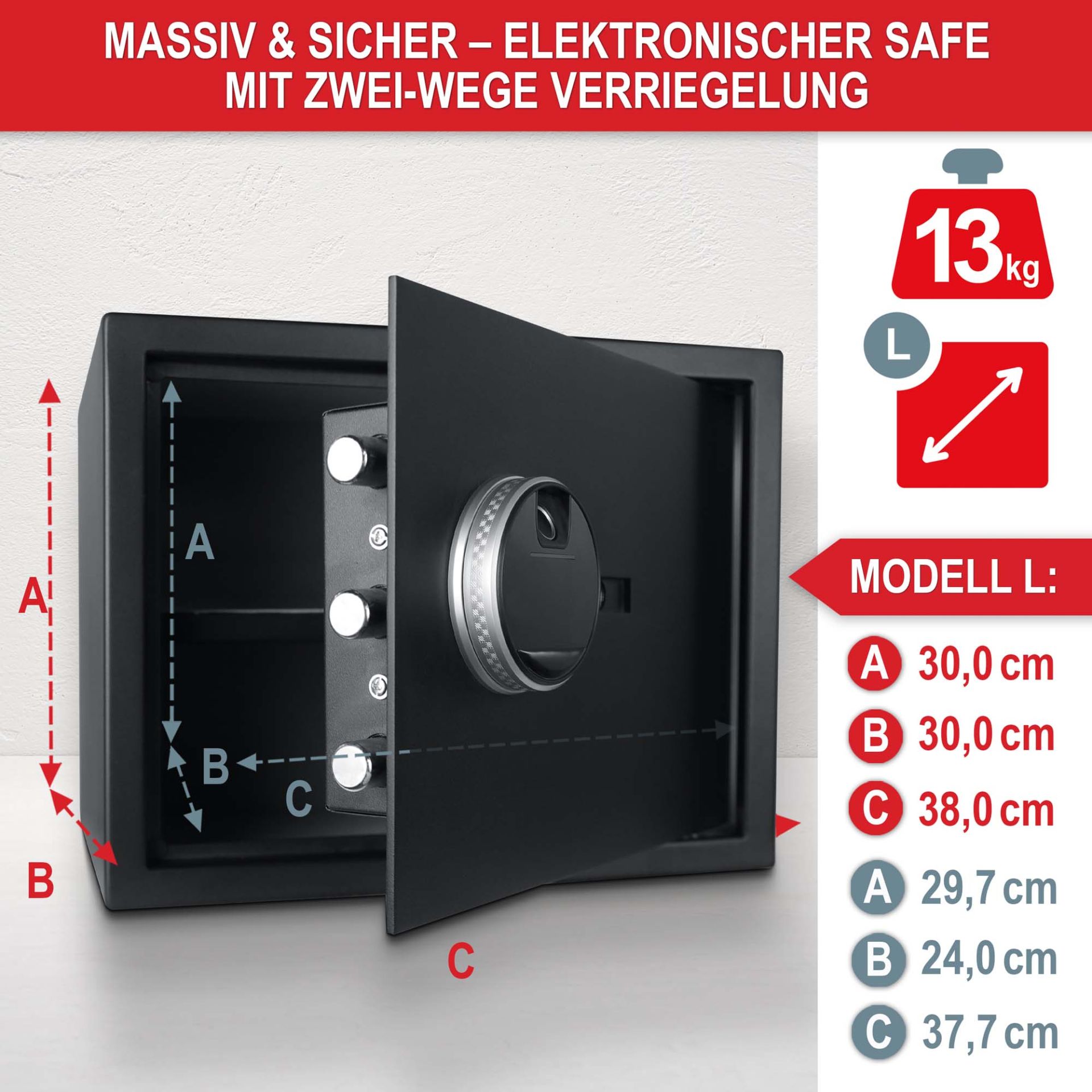 Möbeltresor L - massiv und schwer, elektronischer Safe mit Zwei-Wege Verriegelung