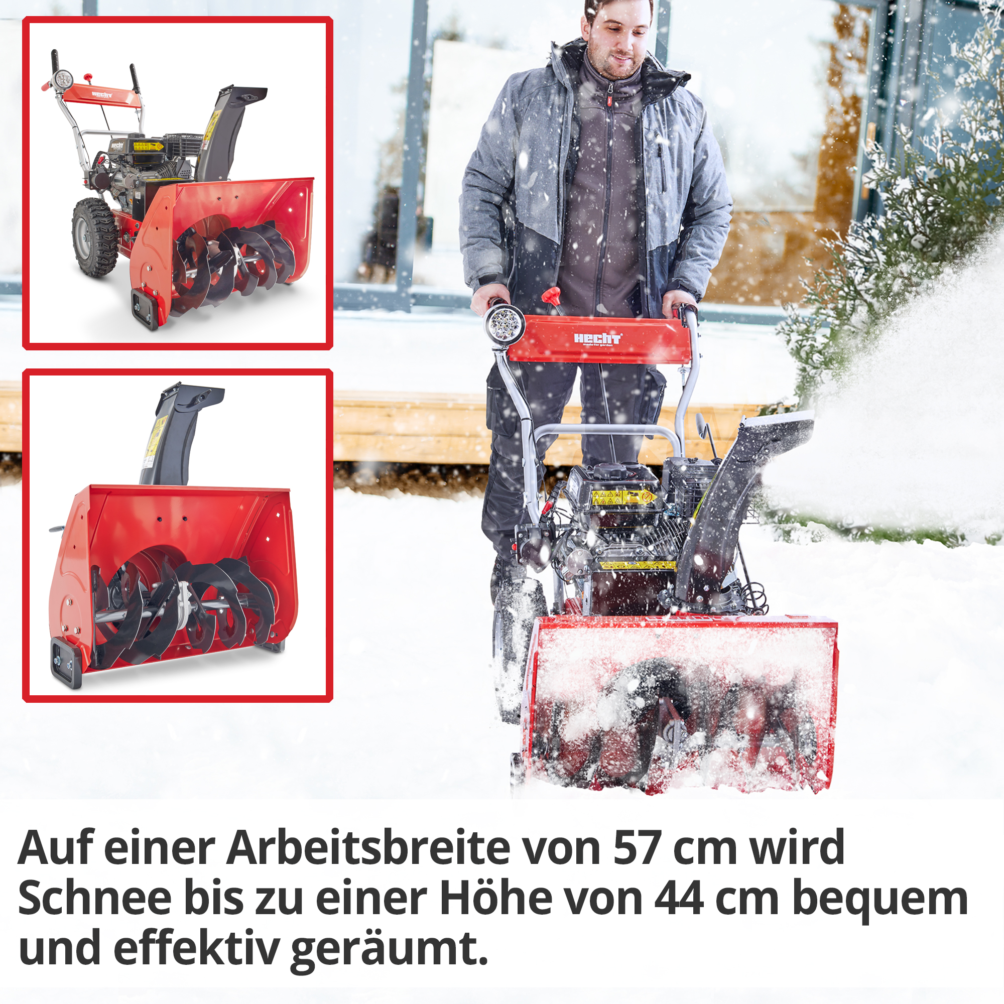 Die HECHT Benzin Kehrmaschine 8680 SE mit Schneefräskopf räumt Schnee auf 57 cm Arbeitsbreite und bis zu einer Schneehöhe von 44 cm