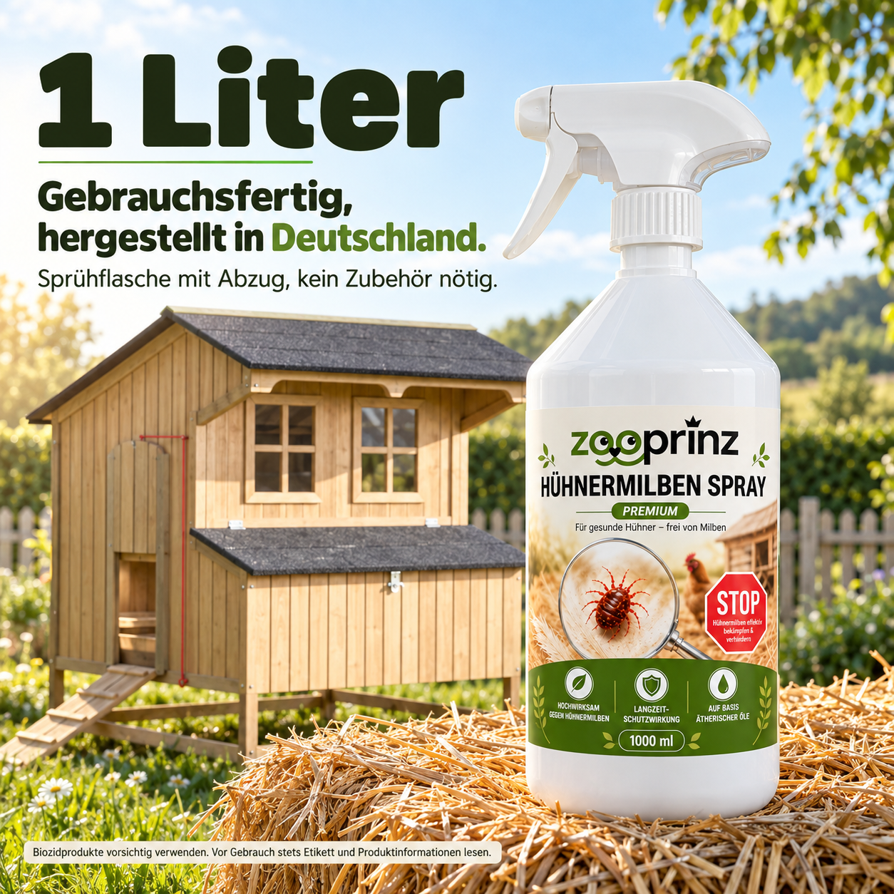Gebrauchsfertiges Milbenspray: 1 Liter Flasche mit Abzug (Dieses Bild wurde mit Hilfe von KI generiert.)