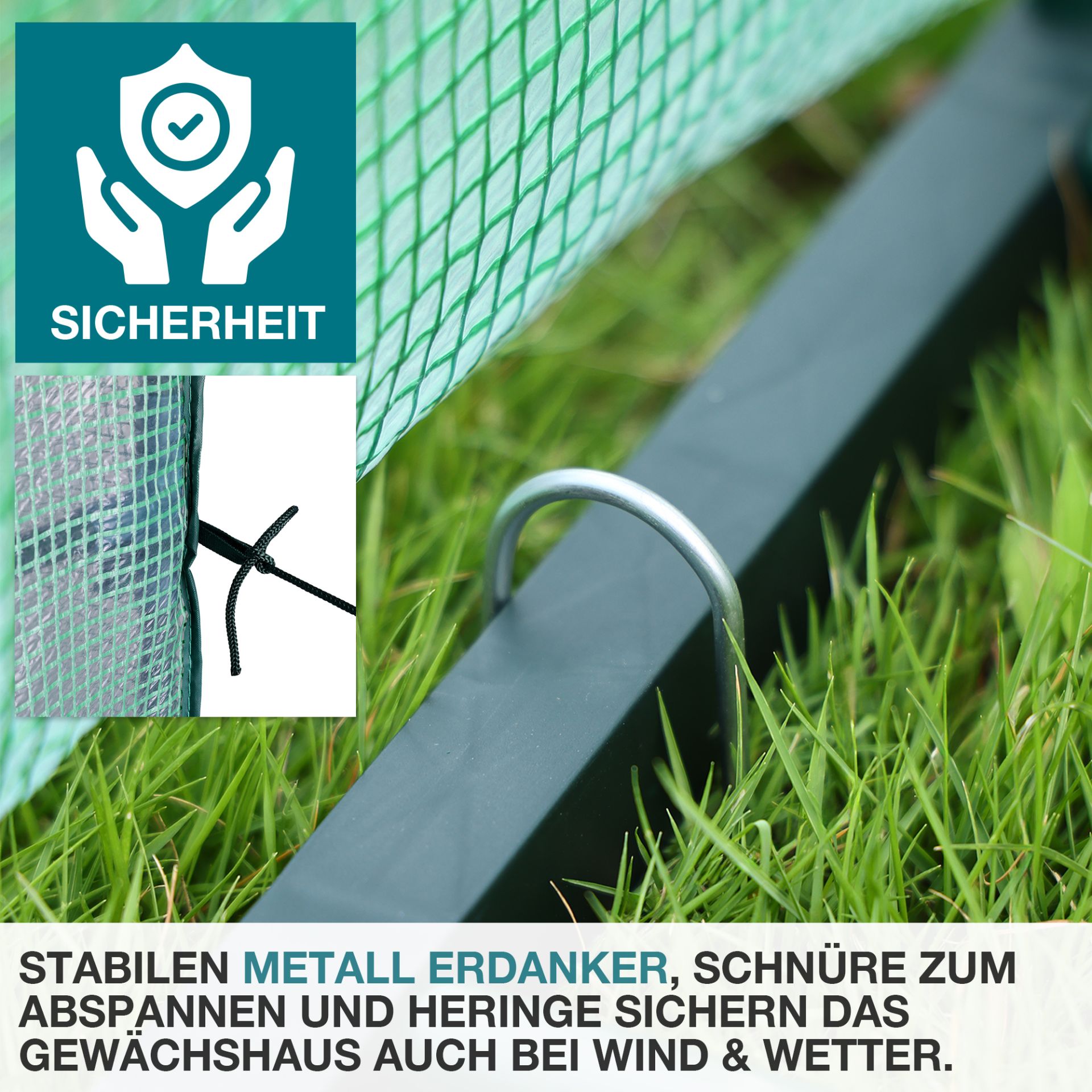 TOM Anzucht Gewächshaus GH-33; Metall Erdanker und Schnüre zum Abspannen