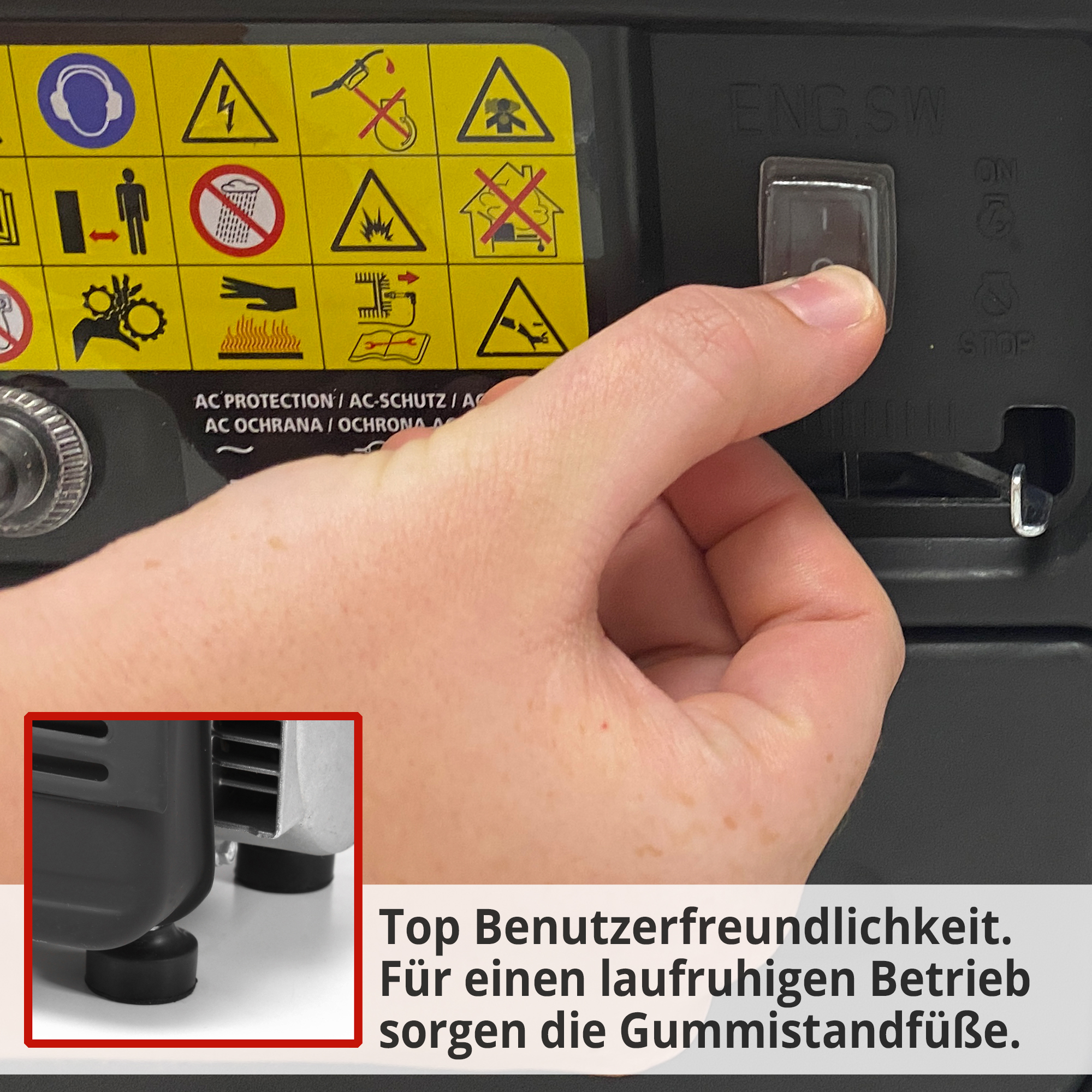 Hecht GG 950 Notstromaggregat 2 Takt Gerät; Top Benutzerfreundlichkeit. Für einen laufruhigen Betrieb sorgen die Gummistandfüße