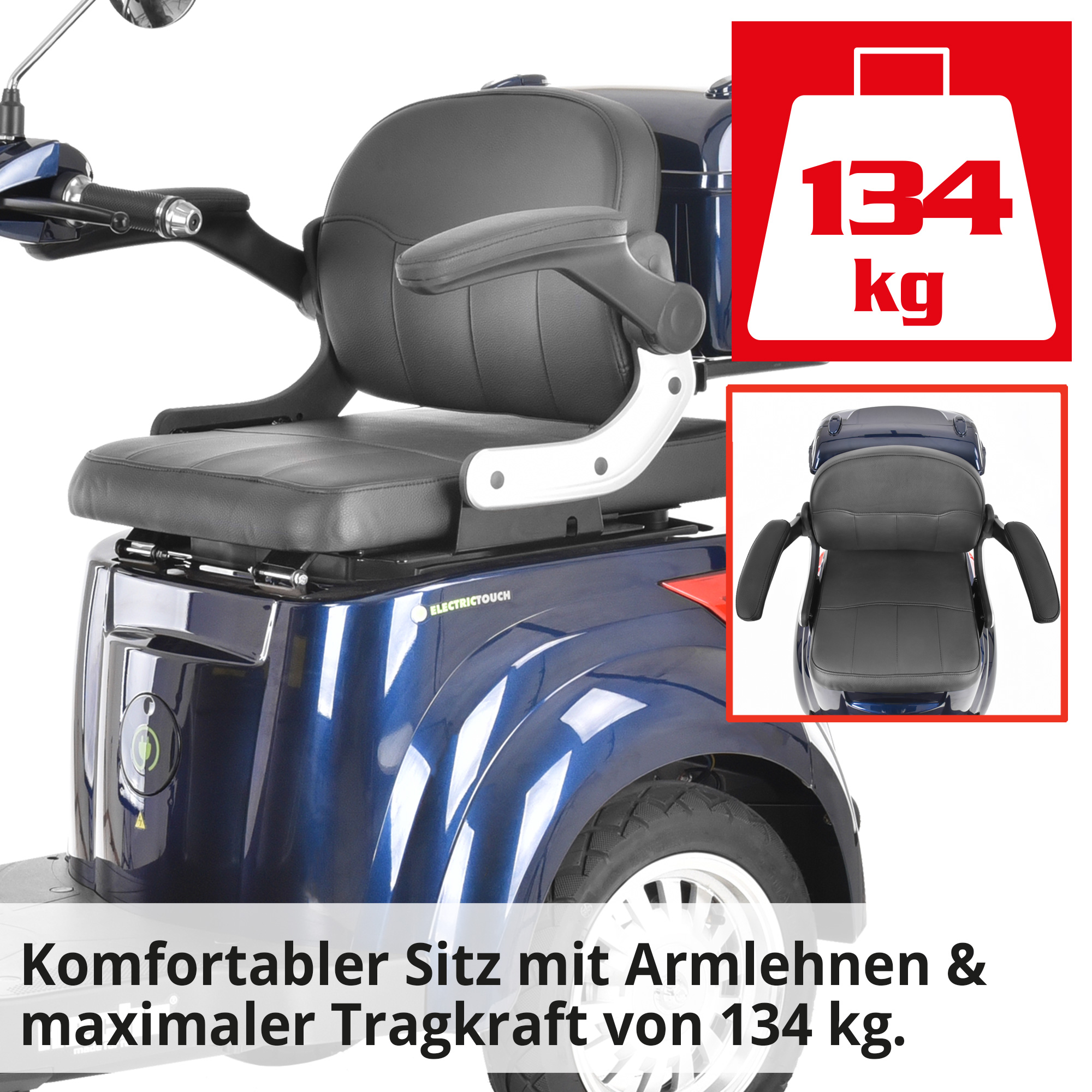 Hecht WISE BLUE Elektro Seniorenmobil mit komfortablen Sitz mit Armlehne und schwerer maximaler Tragkraft