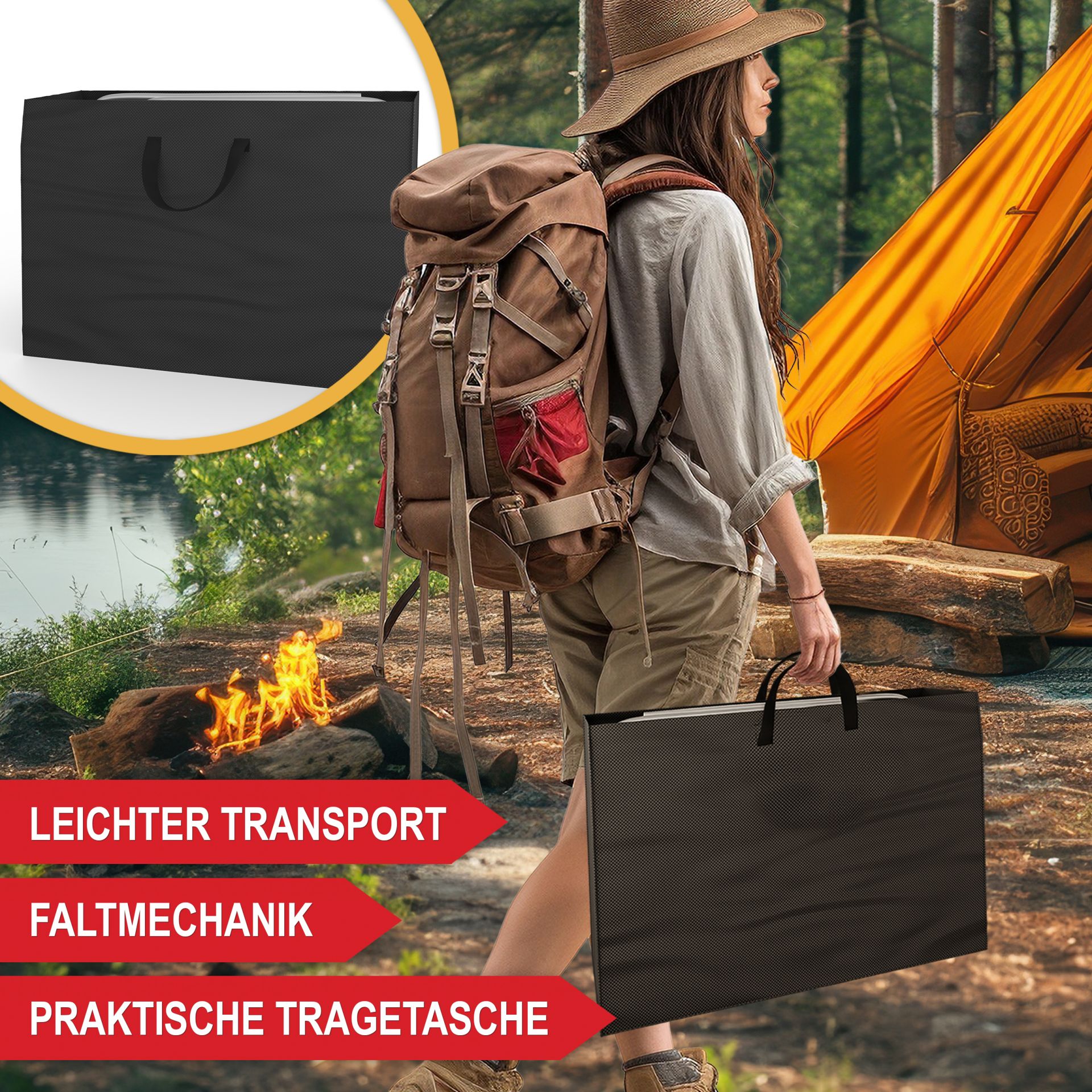 Campingstuhl mit Kühltasche schwarz - Leichter Transport, Faltmechanik, praktische Tragetasche