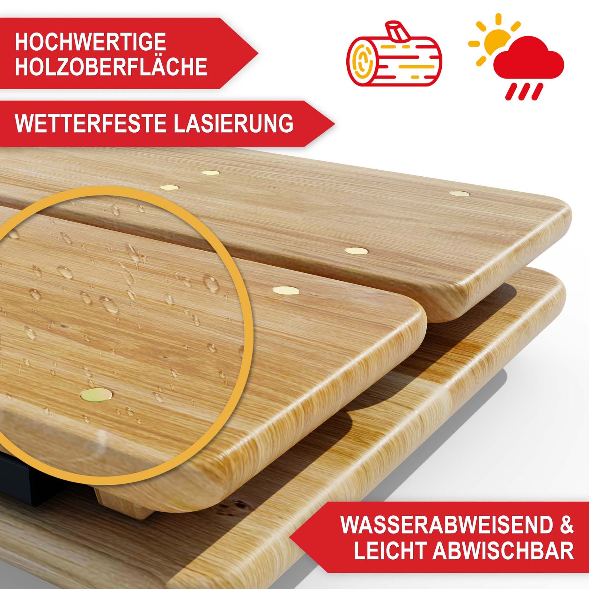 Bierzeltgarnitur Bavaria - Hochwertige Holzoberfläche, wetterfeste Lasierung, wasserabweisend und leicht abwaschbar