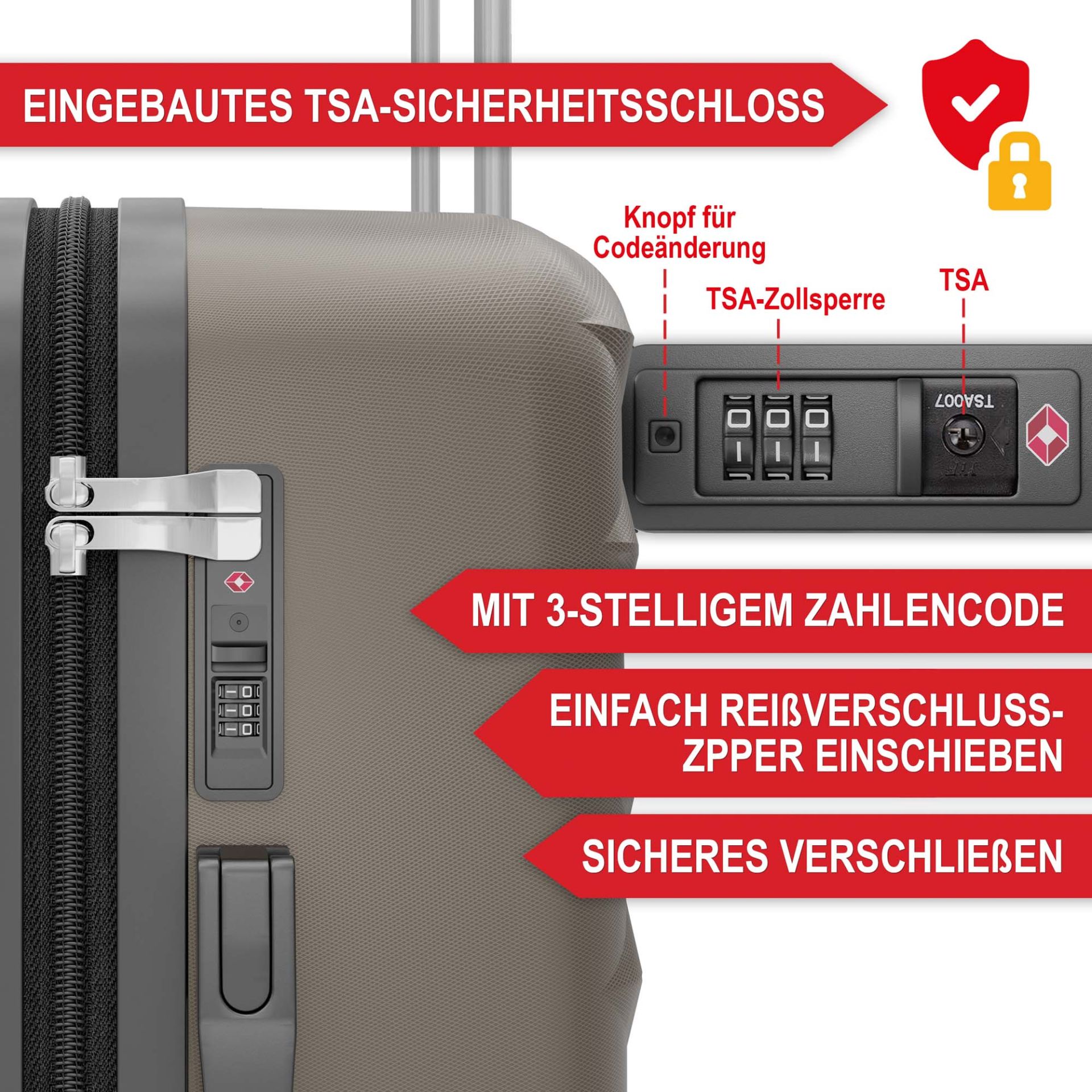Hartschalenkofferset Champagner - Eingebautes TSA-Sicherheitsschloss; Mit 3-stelligem Zahlencode; einfach Reißverschlusszipper einschieben; sicheres Verschließen