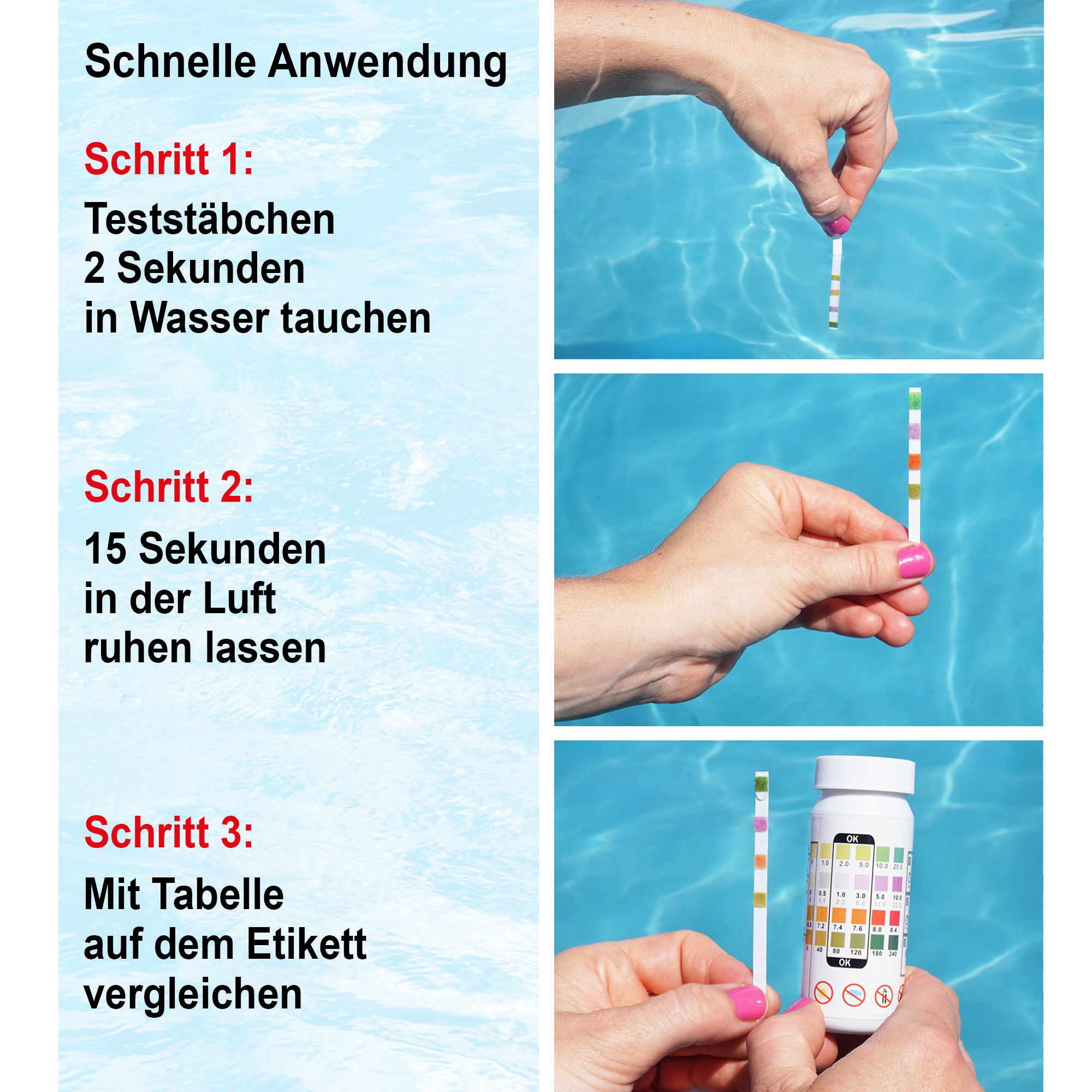 Pool Teststreifen; Teststäbchen 2 Sekunden in Wasser tauchen, 15 Sekunden ruhen lassen, mit Tabelle auf dem Etikett vergleichen