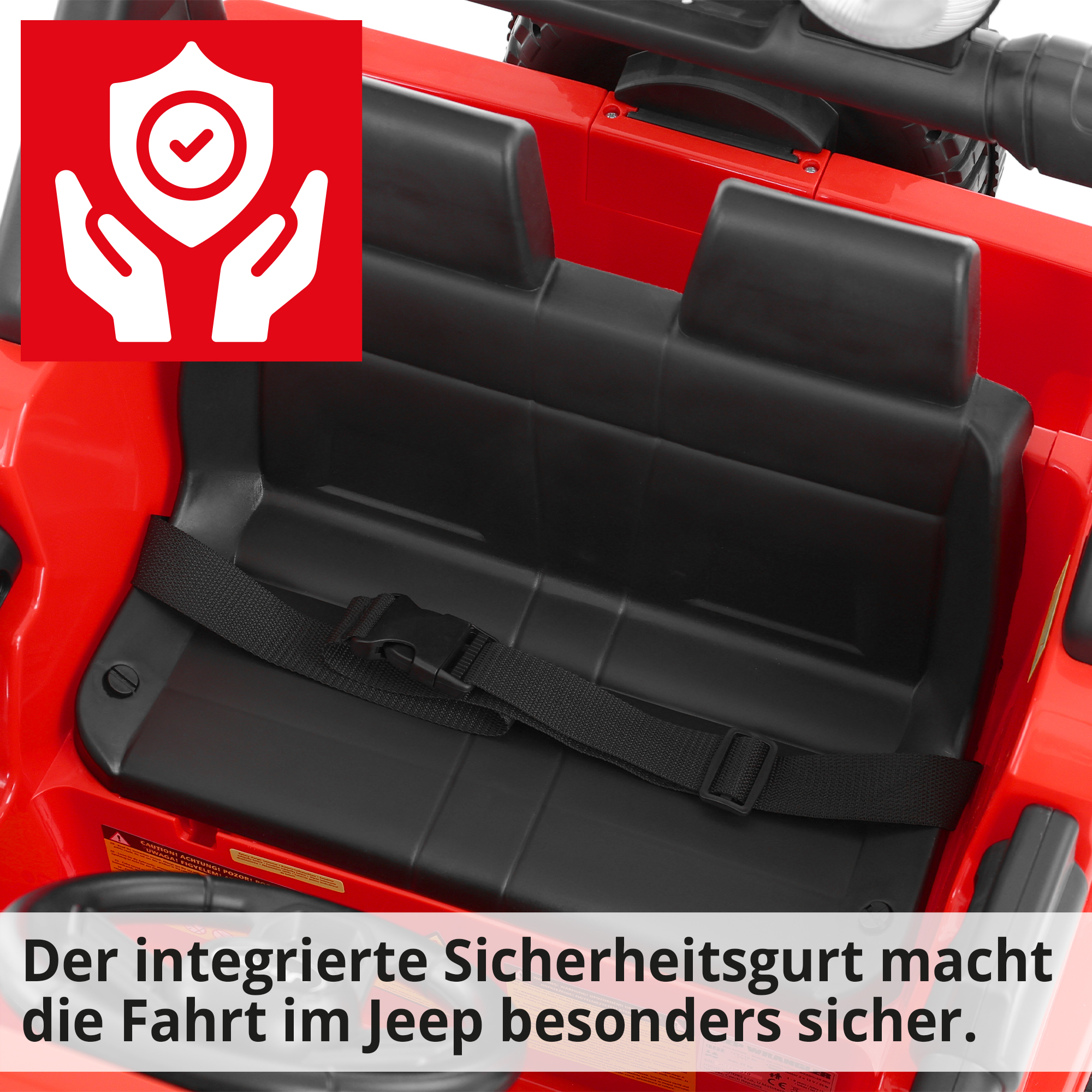 HECHT Kinder Elektroauto Jeep Wrangler Rubicon Red mit integriertem Sichterheitsgurt für eine sichere Fahrt