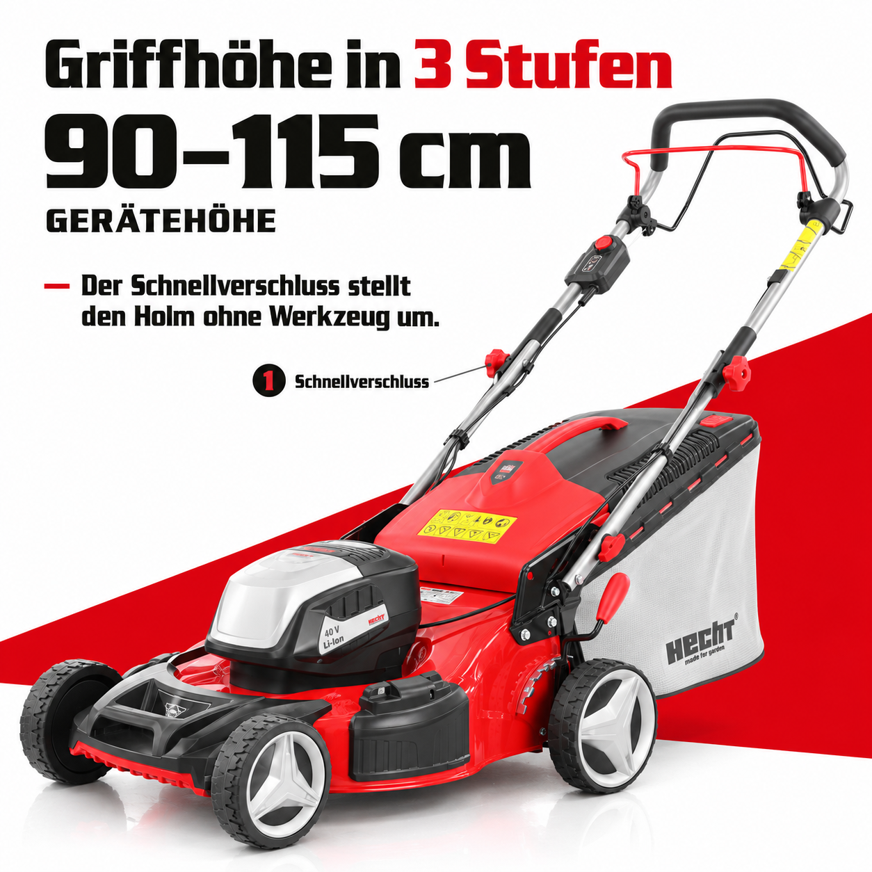 HECHT Akku-Rasenmäher: Holm mit Schnellverschluss in 3 Stufen anpassbar (Dieses Bild wurde mit Hilfe von KI generiert.)