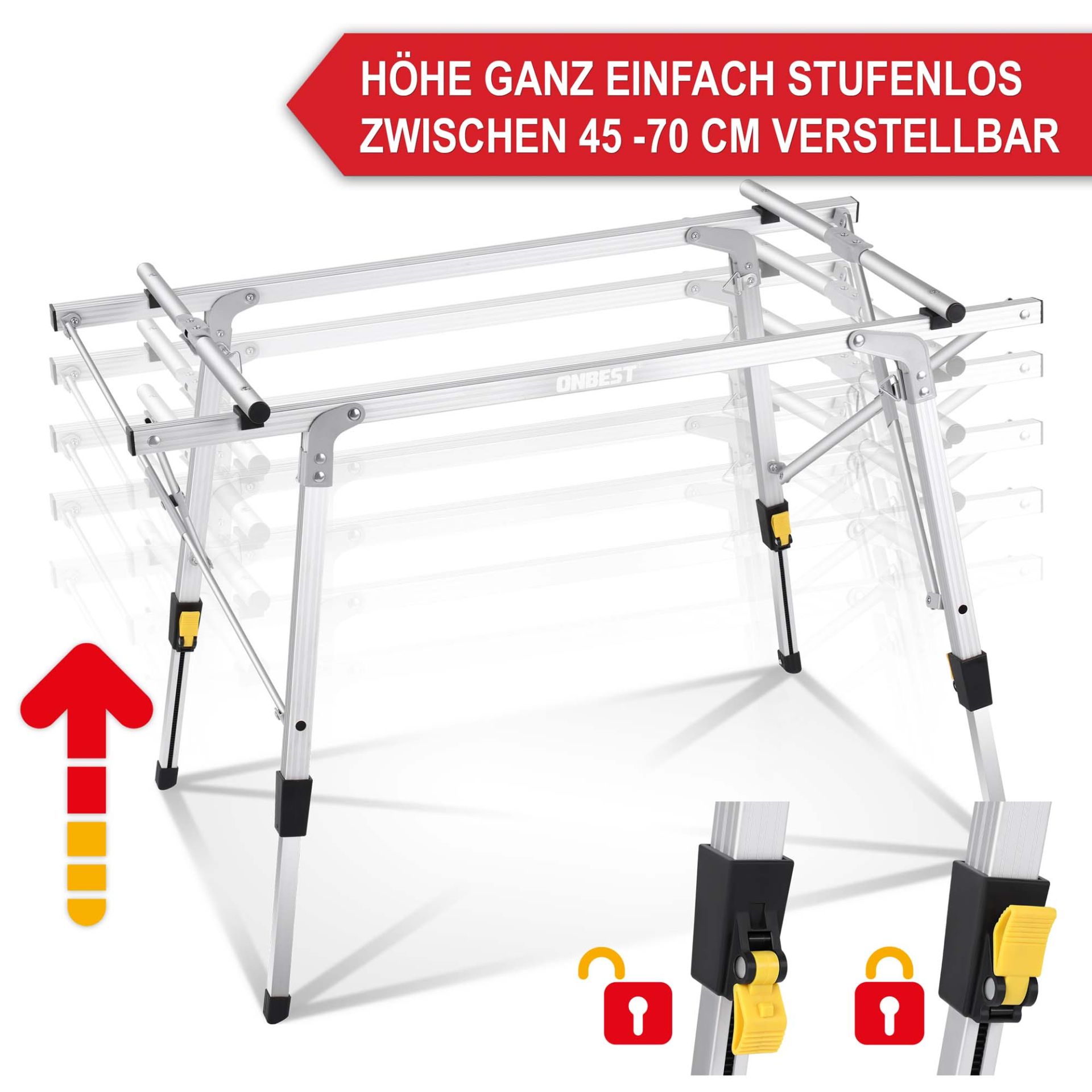 Klapptisch Norderney silber - Höhe ganz einfach stufenlos zwischen 40 und 70 Centimeter verstellbar