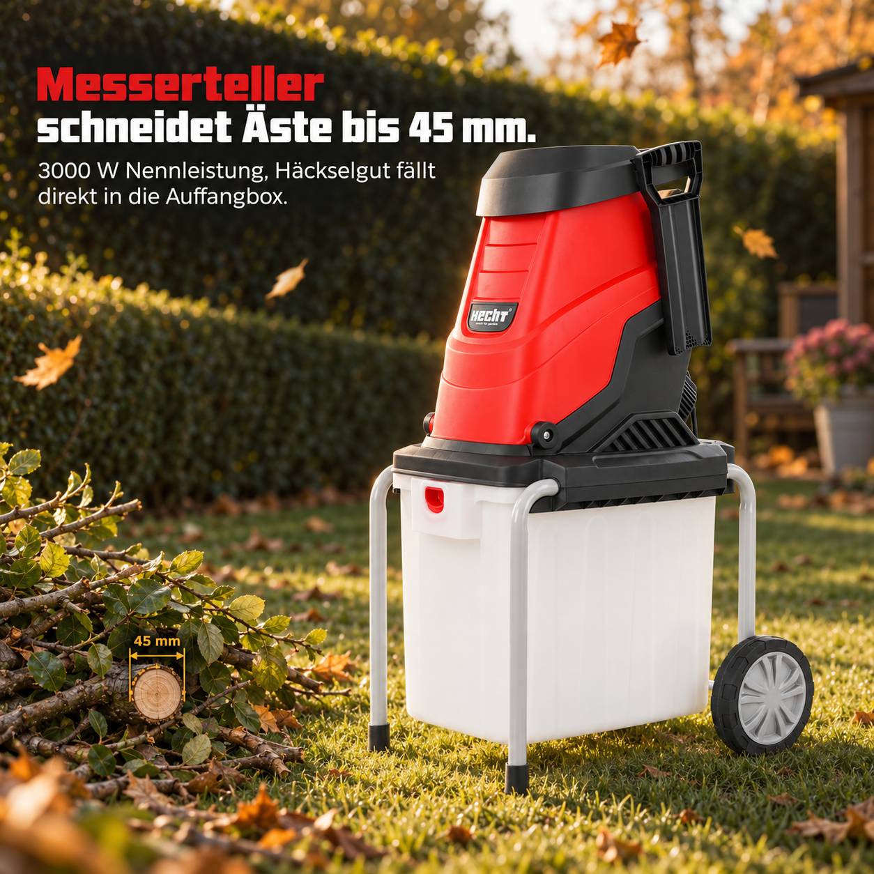 HECHT Messerhäcksler mit 3000 W schneidet Äste bis 45 mm Stärke (Dieses Bild wurde mit Hilfe von KI generiert.)