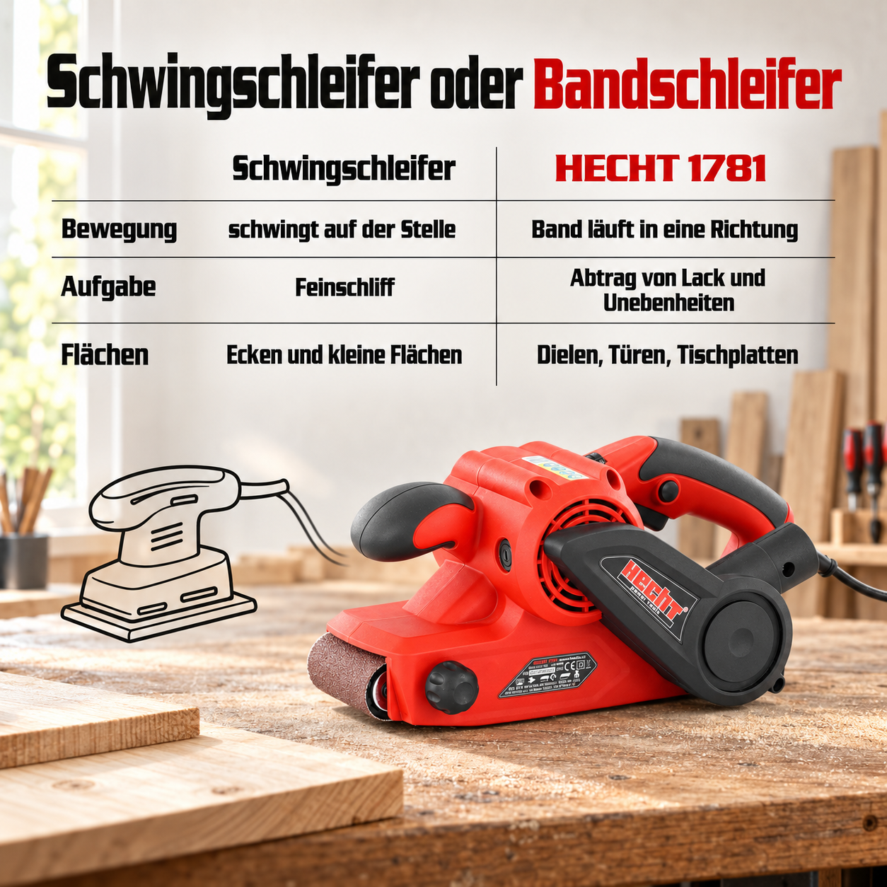HECHT Bandschleifer im Vergleich: Ideal für großen Abtrag und ebene Flächen (Dieses Bild wurde mit Hilfe von KI generiert.)