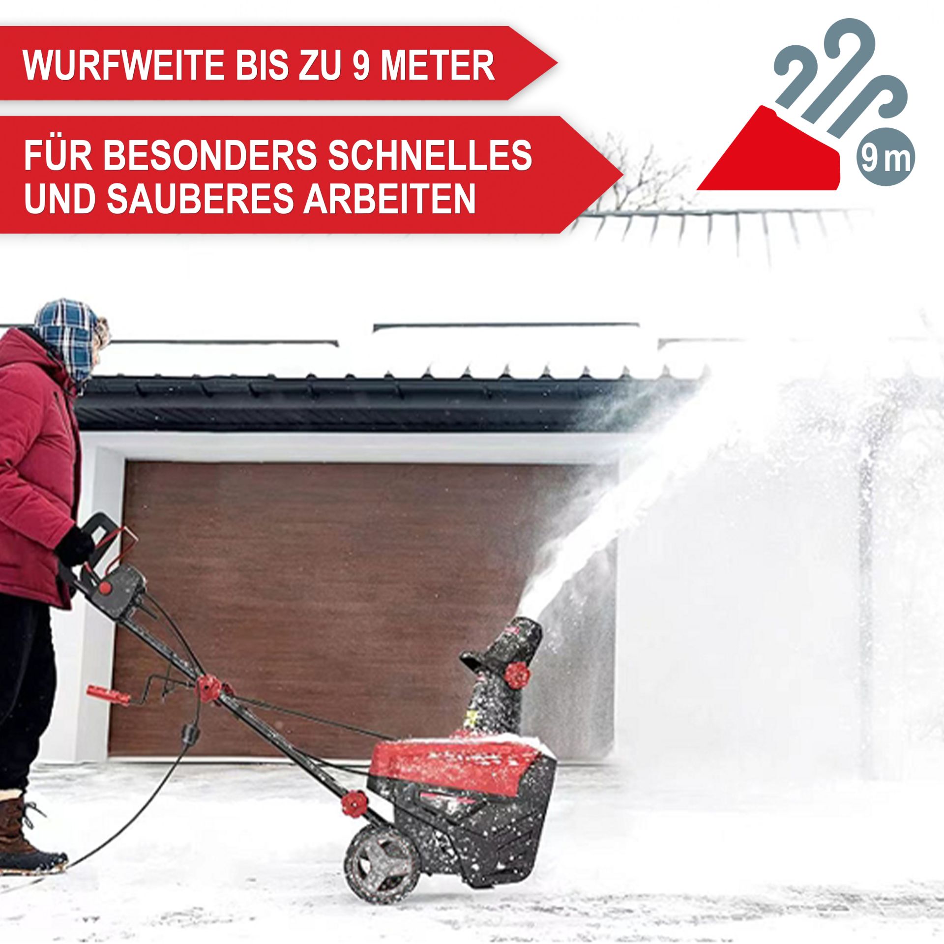 Elektro-Schneefräse mit bis zu 9 m Wurfweite beim Schneeräumen