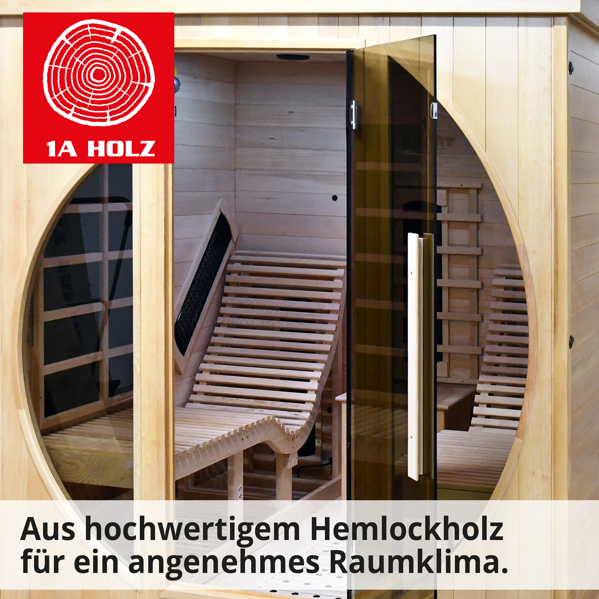 Hecht-Sauna aus Robustem Hemlockholz für gutes Raumklima  (Dieses Bild wurde mit Hilfe von KI generiert.)
