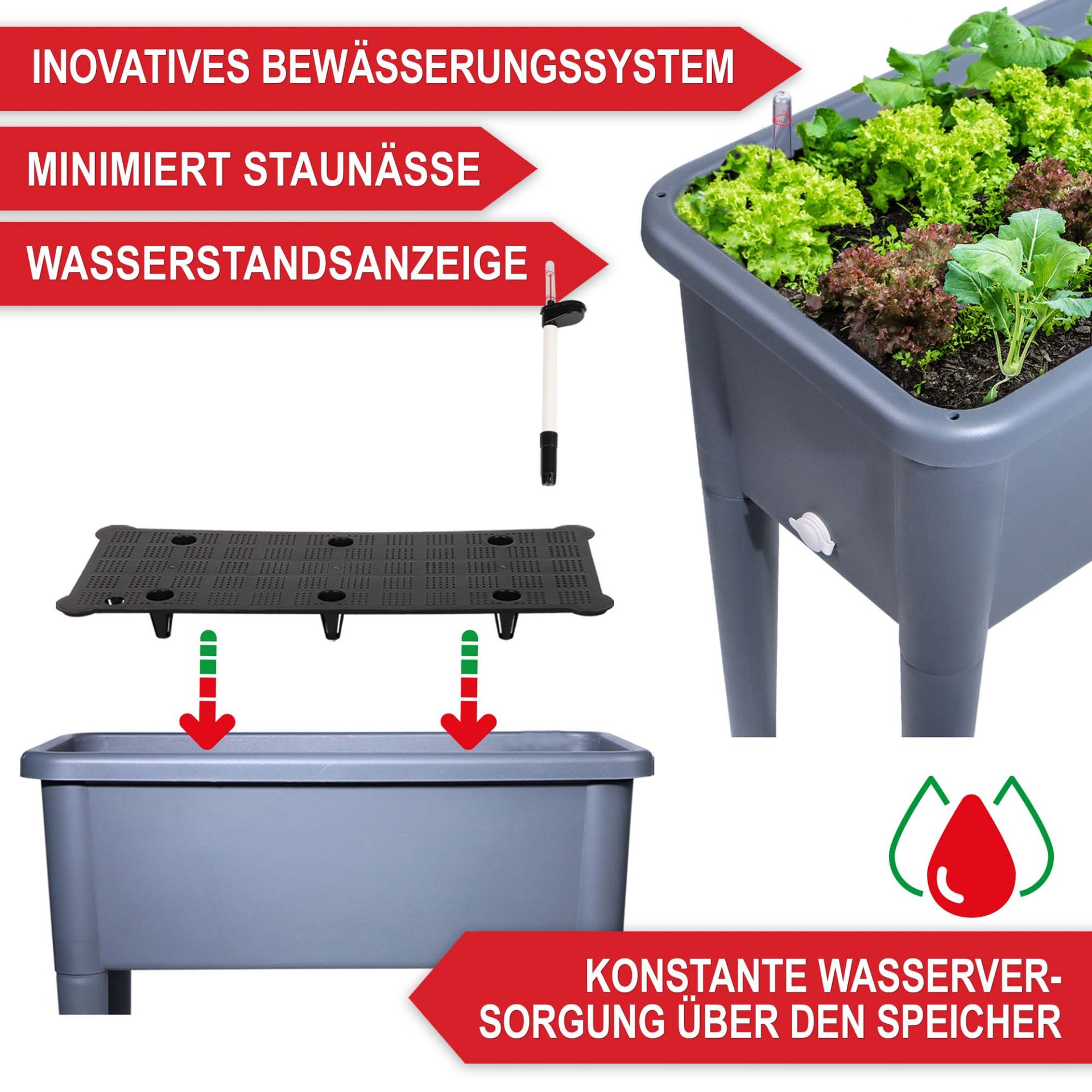 Hochbeet Kunststoff grau - Innovatives Bewässerungssystem; minimiert Staunässe; Wasserstandsanzeige; konstante Wasserversorgung über den Speicher
