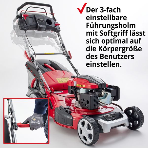 Benzinrasenmäher mit 3-fach verstellbaren Führungsholm mit Softgriff Benzinrasenmäher mit 3-fach verstellbaren Führungsholm mit Softgriff 