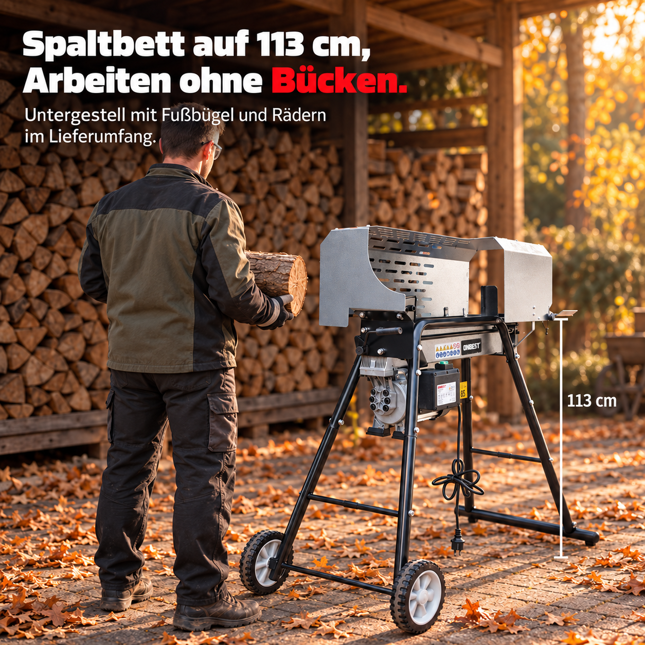 Holzspalter ONBEST stehend Spaltbett auf 113cm Stehhöhe (Dieses Bild wurde mit Hilfe von KI generiert.)