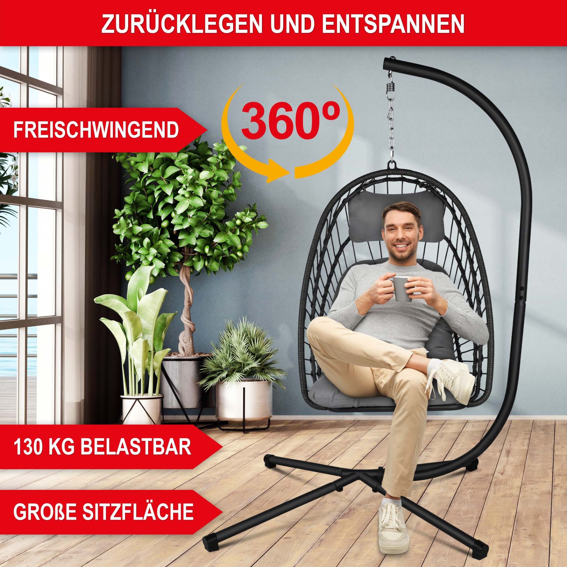 Hängesessel grau - freischwingend, 360 Grad drehbar, schwer belastbar, große Sitzfläche