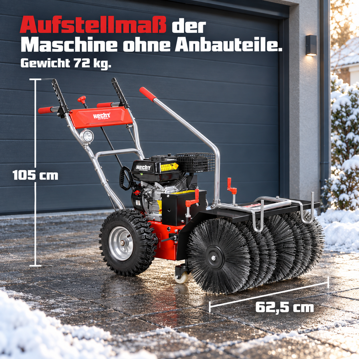 HECHT Kehrmaschine: 62,5x105 cm Aufstellmaß bei 72 kg Gewicht (Dieses Bild wurde mit Hilfe von KI generiert.)