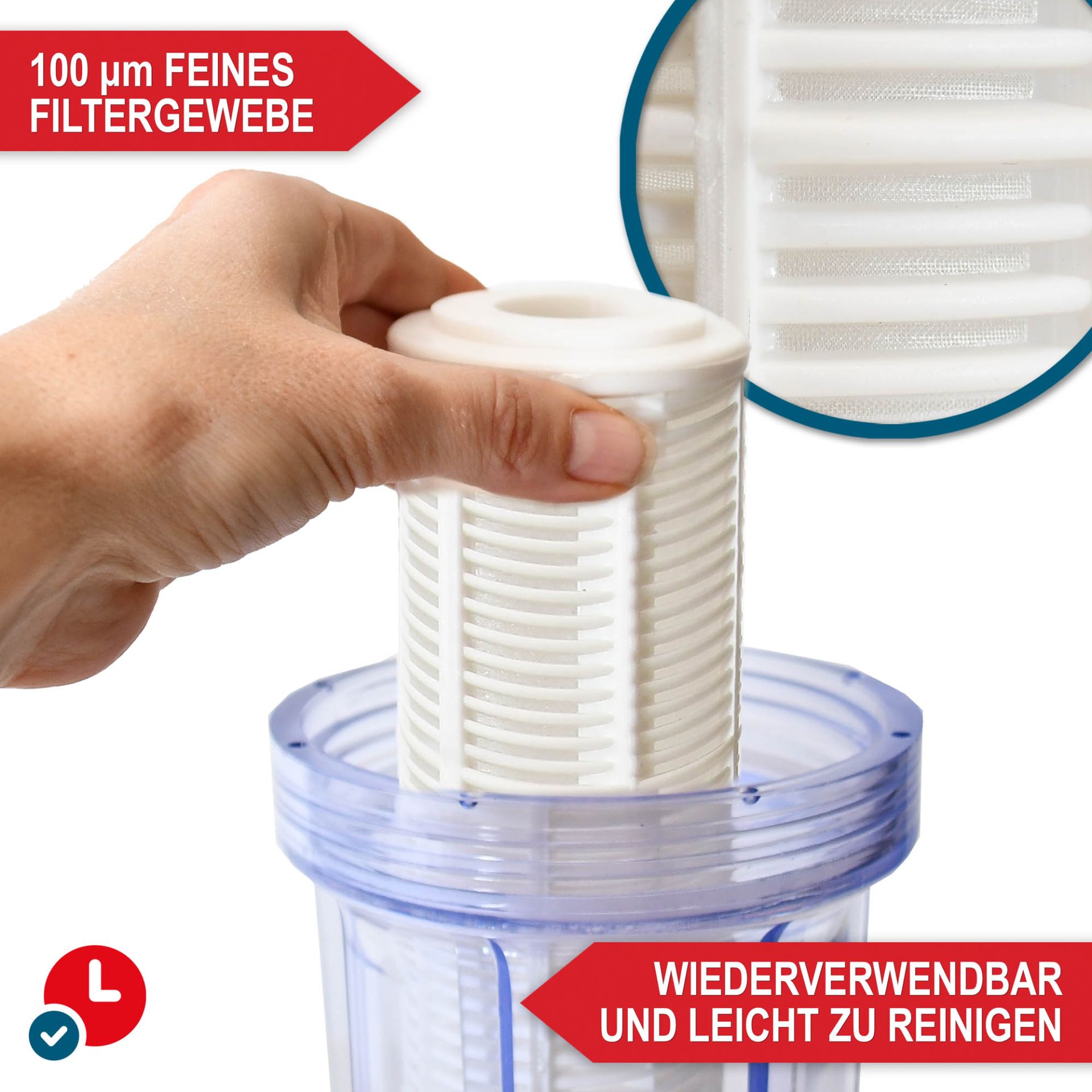 Wasserfilter WF-6055 mit feinem Filtergewebe; wiederverwendbar und leicht zu reinigen