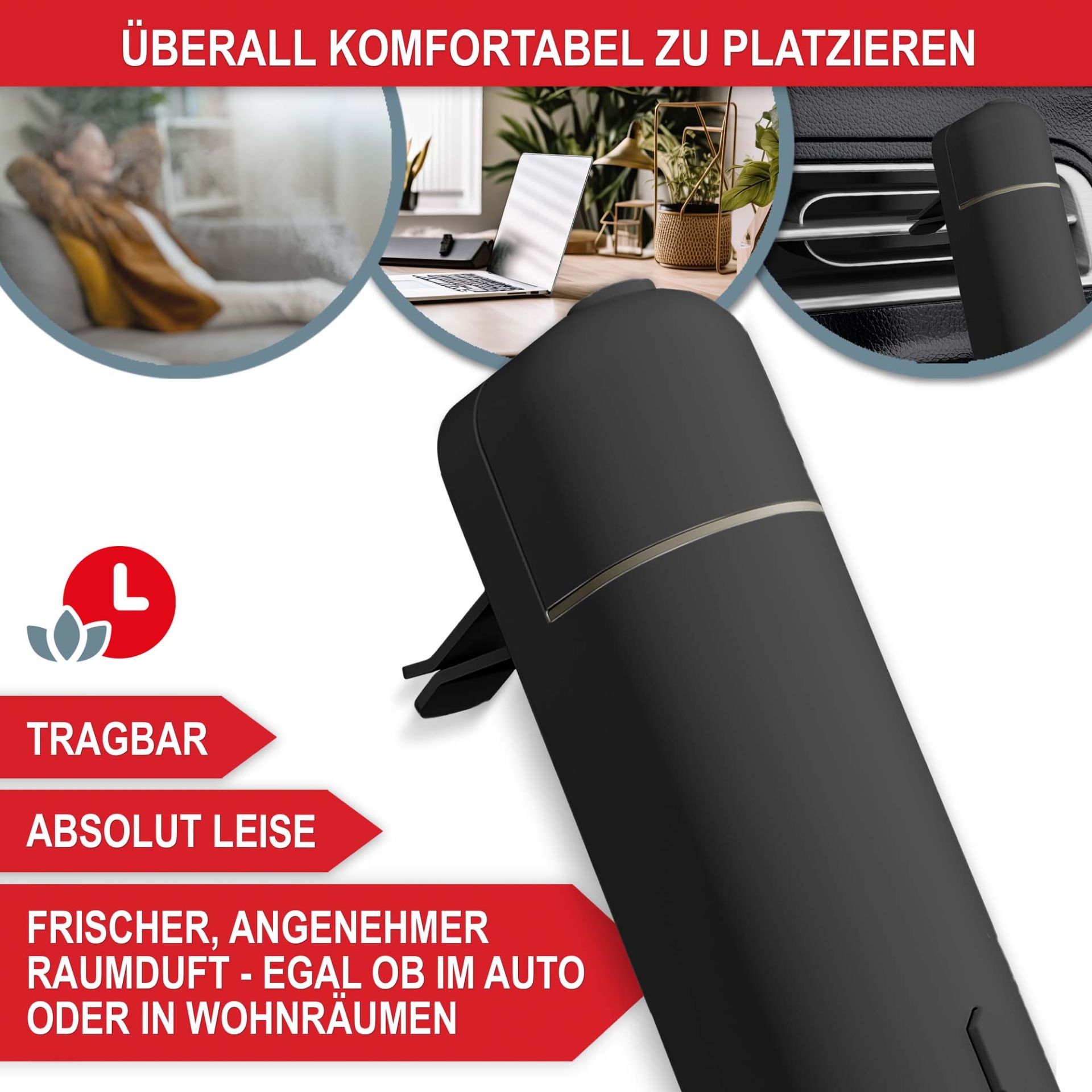 Aromadiffuser schwarz - überall komfortabel zu platzieren, tragbar, absolut leise, frischer, angenehmer Raum-Duft, egal ob im Auto oder in Wohnräumen