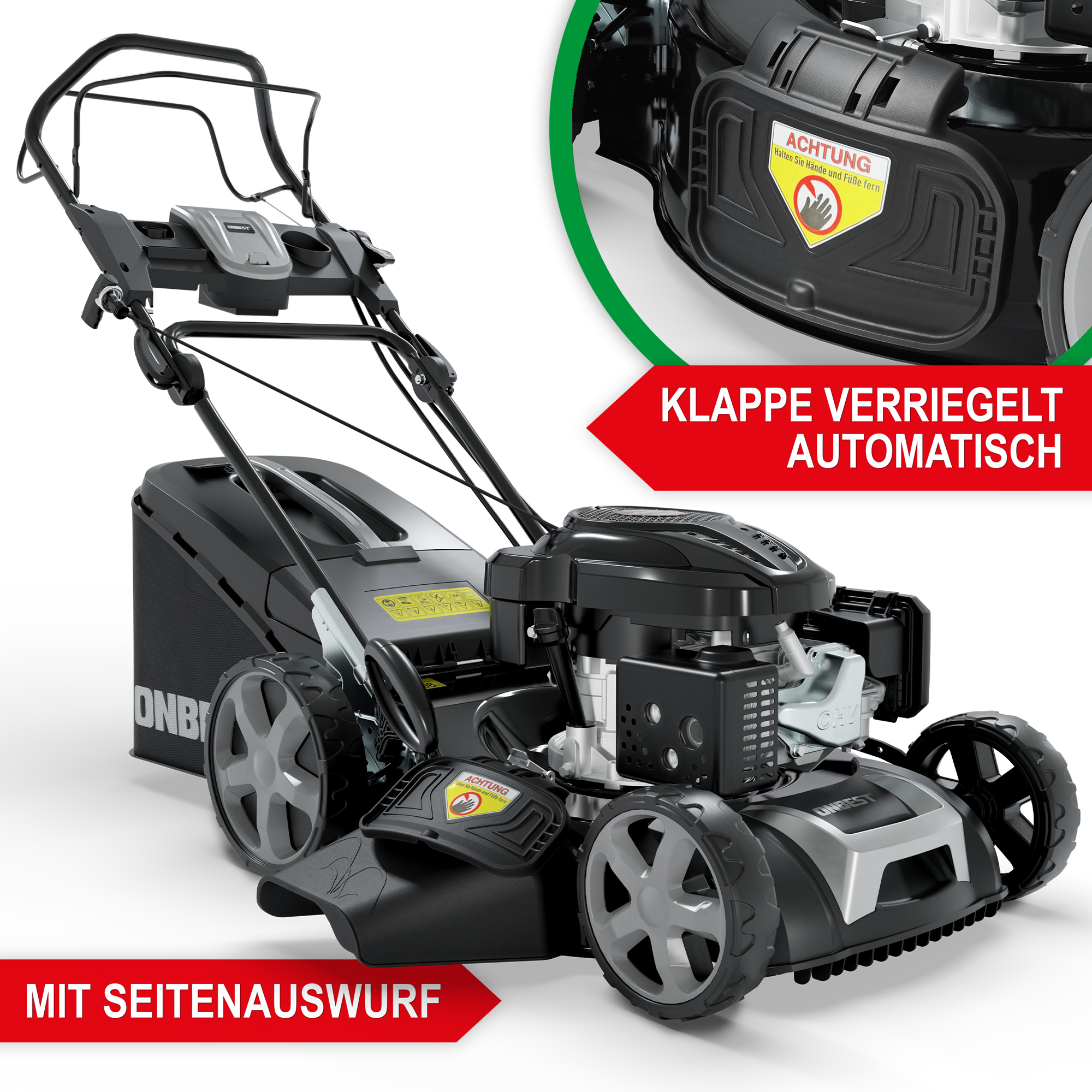 Rasenmäher Benzin TXC-3651 - Klappe verriegelt automatisch; mit Seitenauswurf