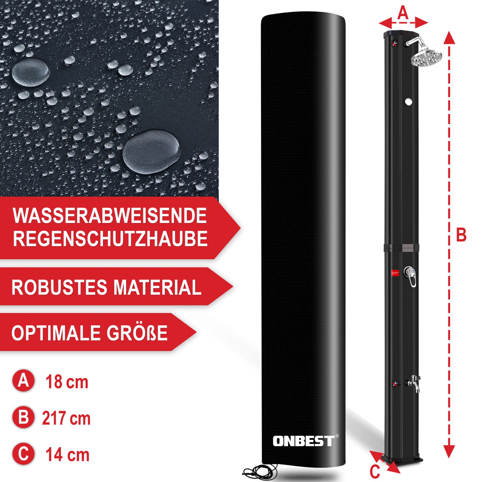 Solardusche schwarz - Wasserabweisende, Regenschutzhaube, robustes Material, optimale Größe