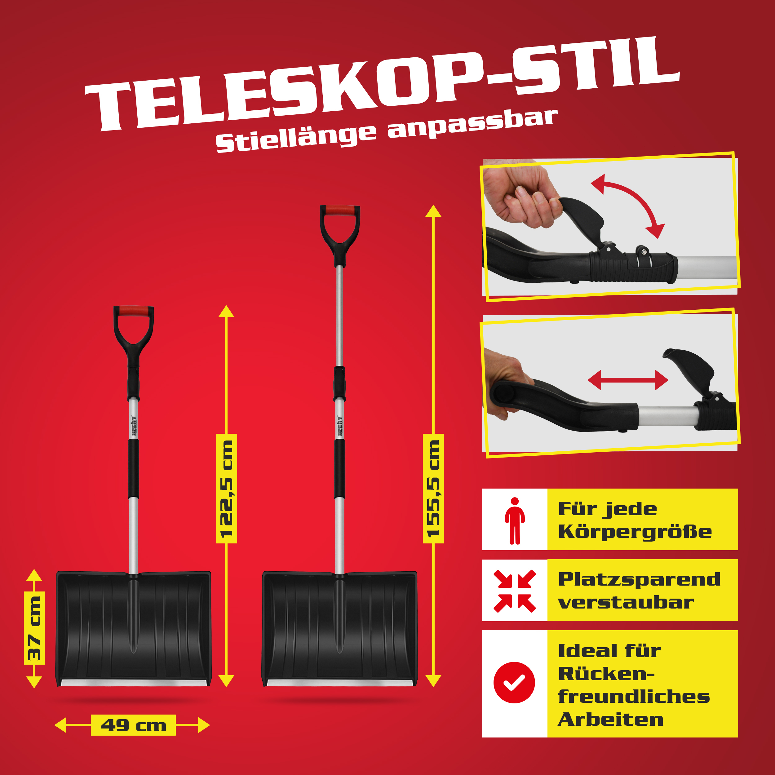 Leichte Schneeschaufel mit verstellbarem Aluminiumstiel