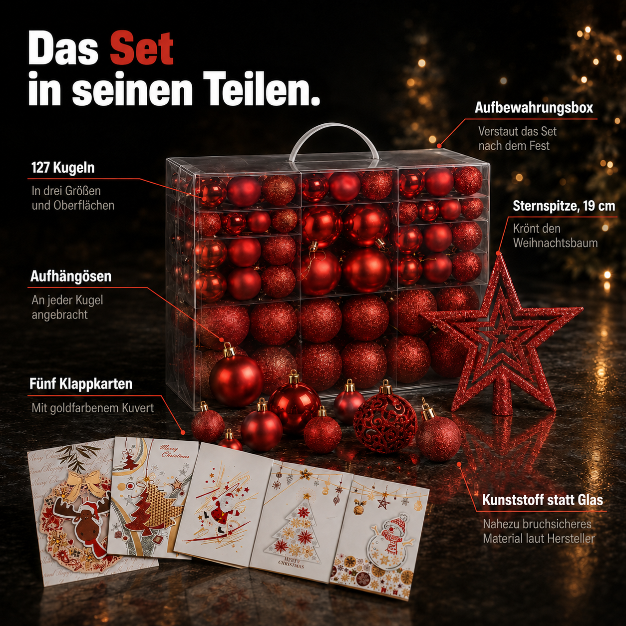 ONBEST Baumschmuck Set: Alle 128 Teile mit Stern und Karten im Detail (Dieses Bild wurde mit Hilfe von KI generiert.)