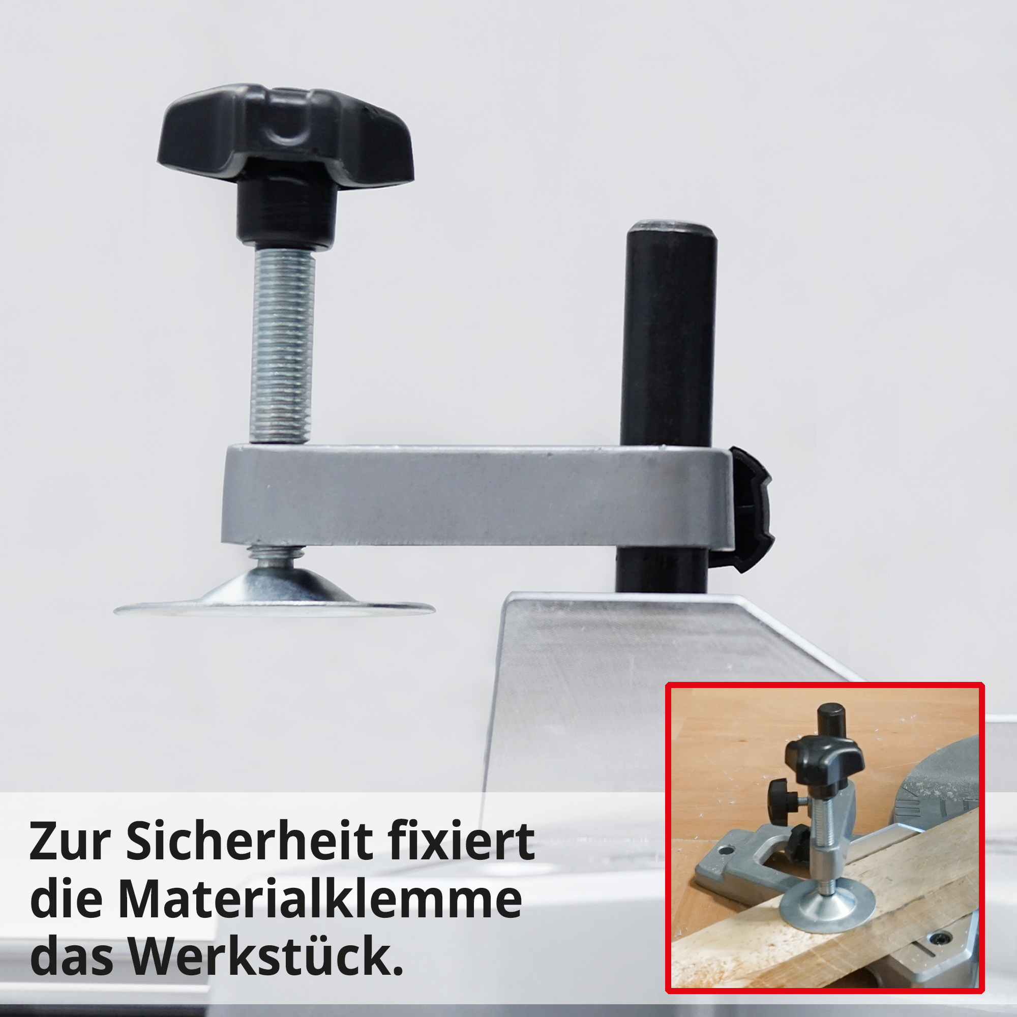 HECHT 813 Kappsäge; Zur Sicherheit fixiert die Materialklemme das Werkstück HECHT 813 Kappsäge; Zur Sicherheit fixiert die Materialklemme das Werkstück