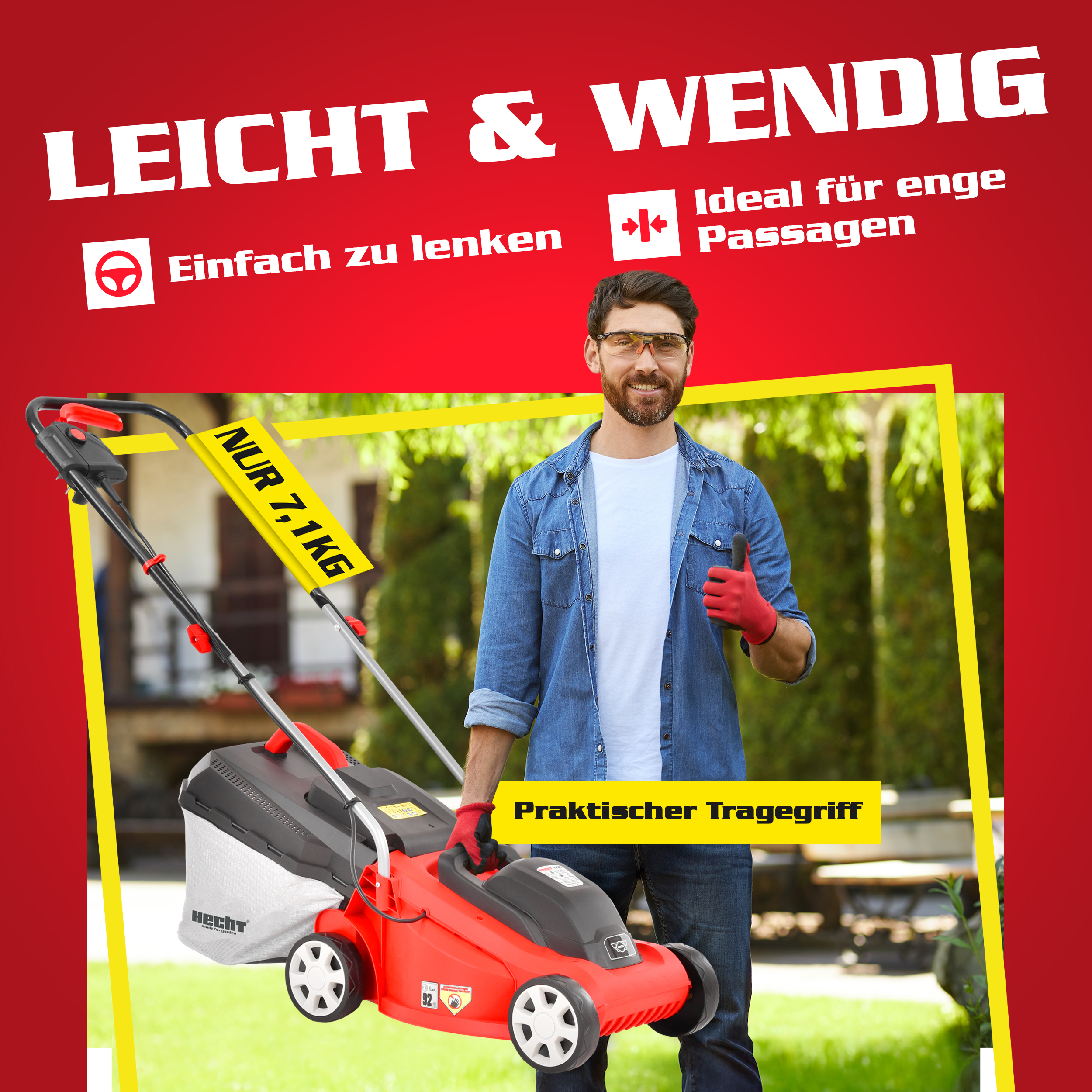HECHT Rasenmäher 1233 leicht, wendig und ideal für Hausgärten