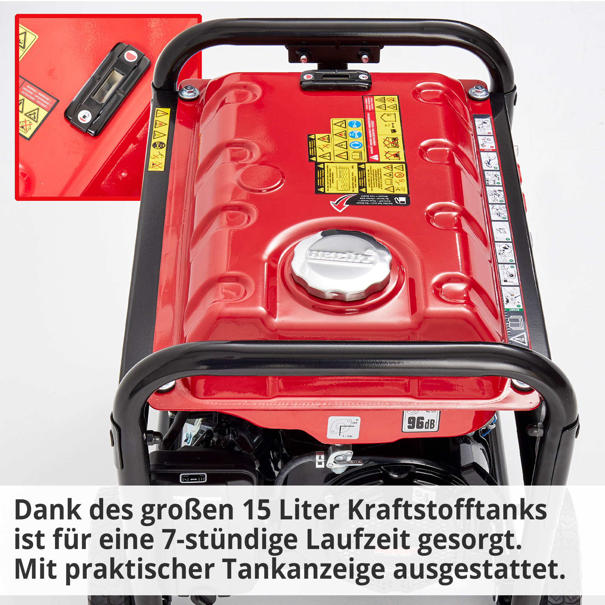 Notstromaggregat Benzin; Dank des großen Kraftstofftanks ist für eine lange Laufzeit gesorgt. Mit praktischer Tankanzeige ausgestattet