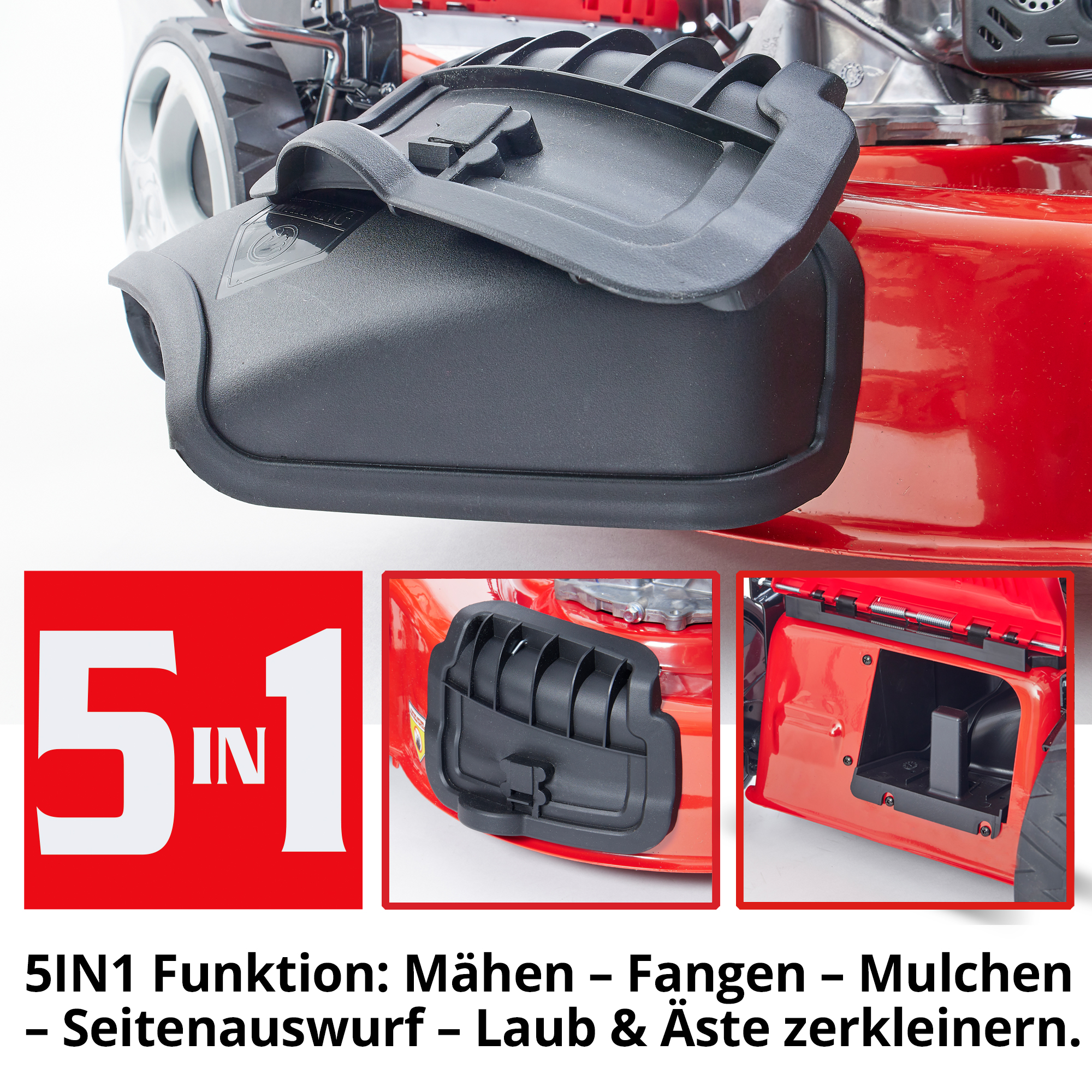 Benzinrasenmäher 5in1 Funktionen Mähen Fangen Mulchen Seitenauswurf Laub und Äste zerkleinern 