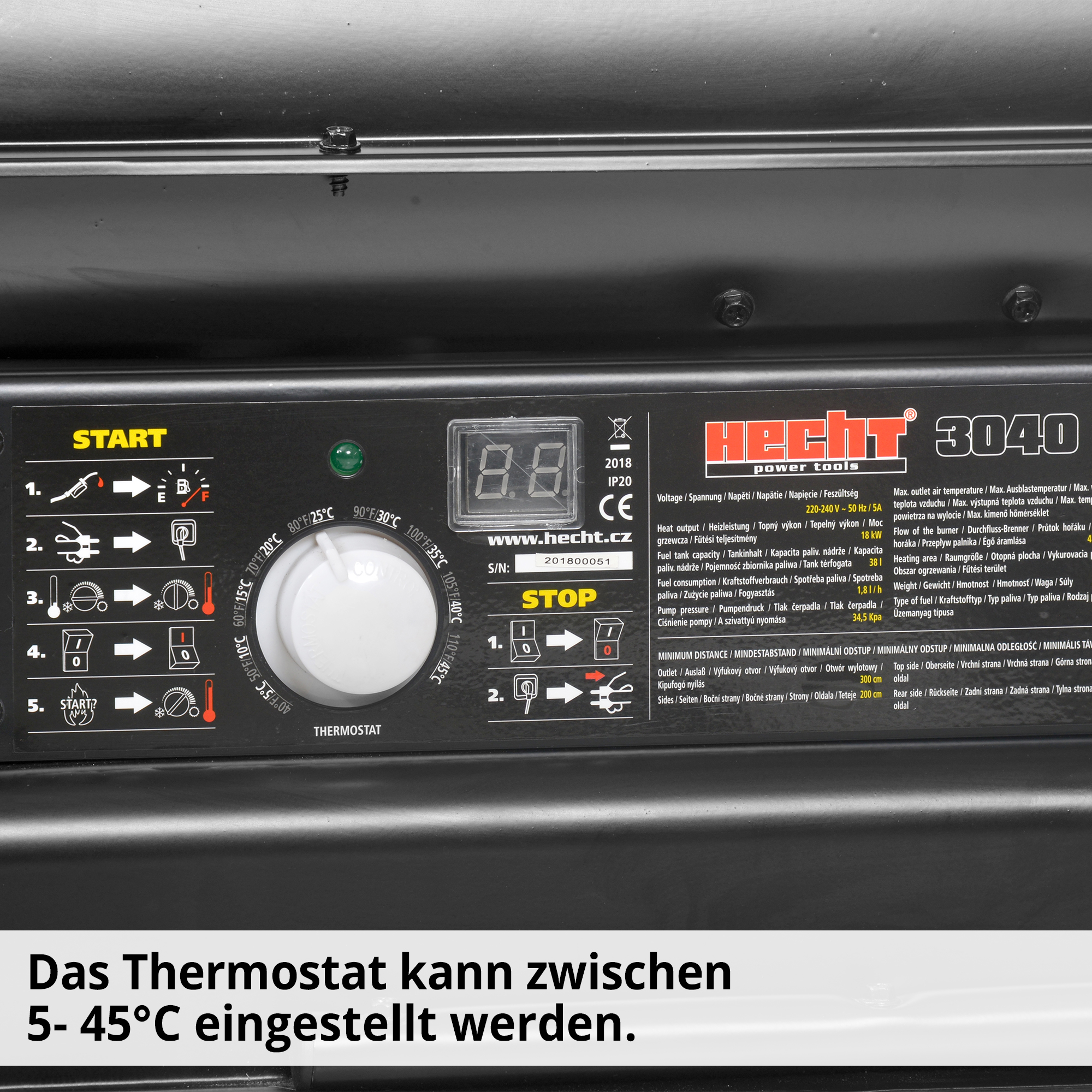 Diesel Heizkanone; Thermostat zwischen 5 und 45 Grad Celsius einstellbar