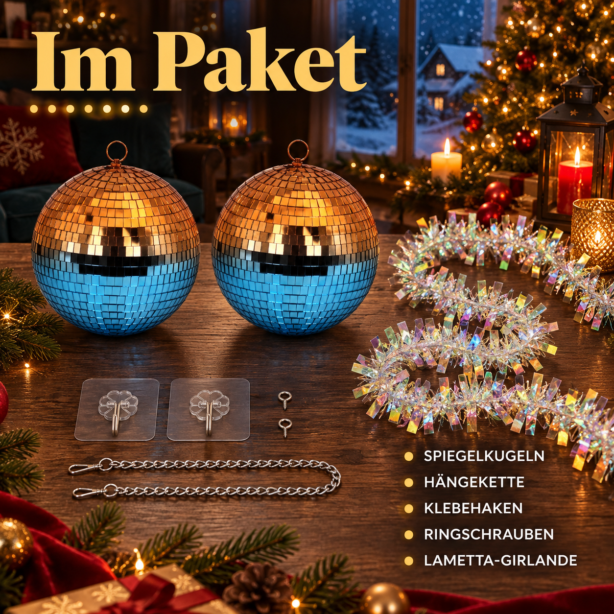 Blau-Kupfer Disco-Kugel Set: Paketinhalt mit 2 Kugeln, Ketten und Lametta (Dieses Bild wurde mit Hilfe von KI generiert.)