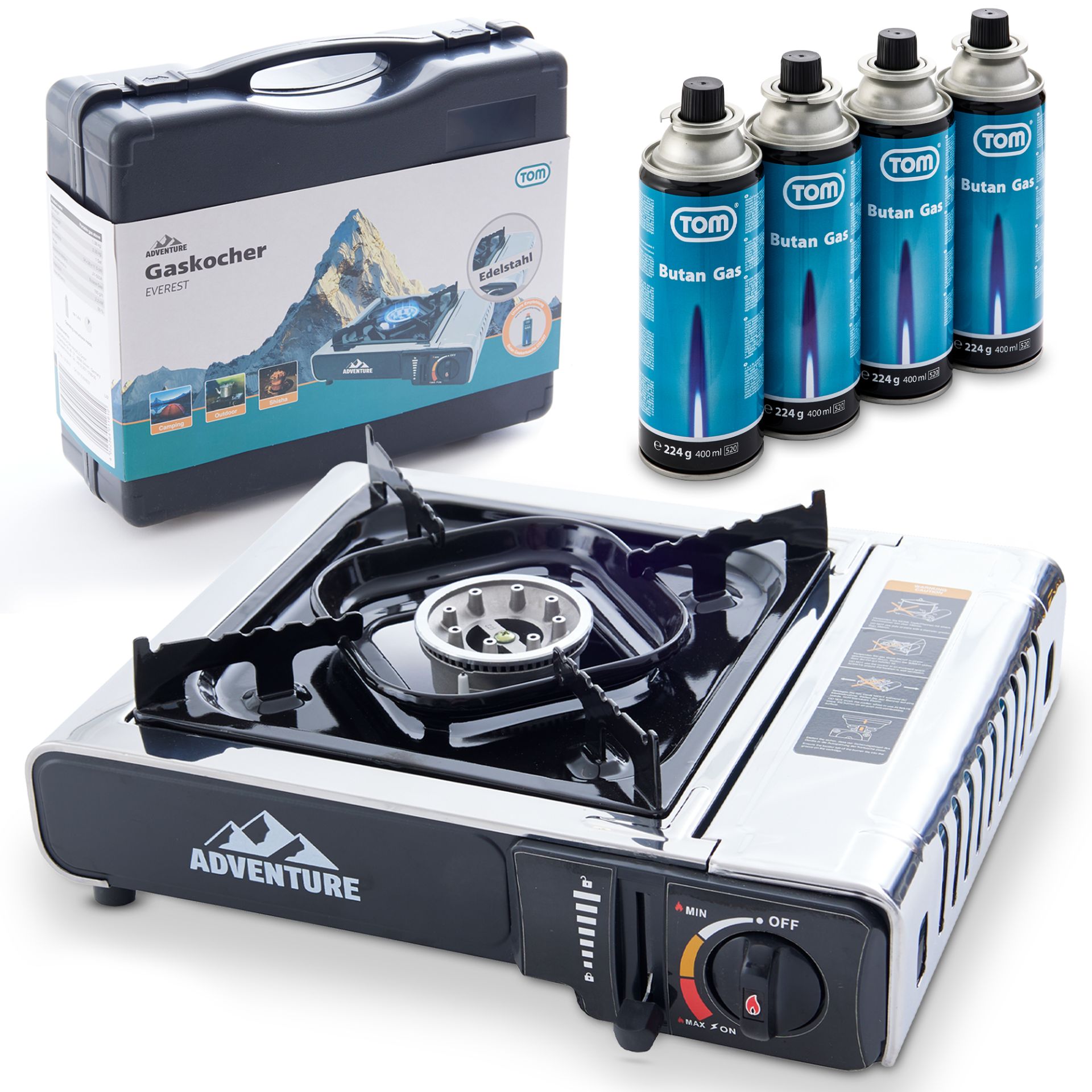 TOM Gaskocher - GK-227 Edelstahl Everest inklusive 4 Dosen CG-227 Butan Gas