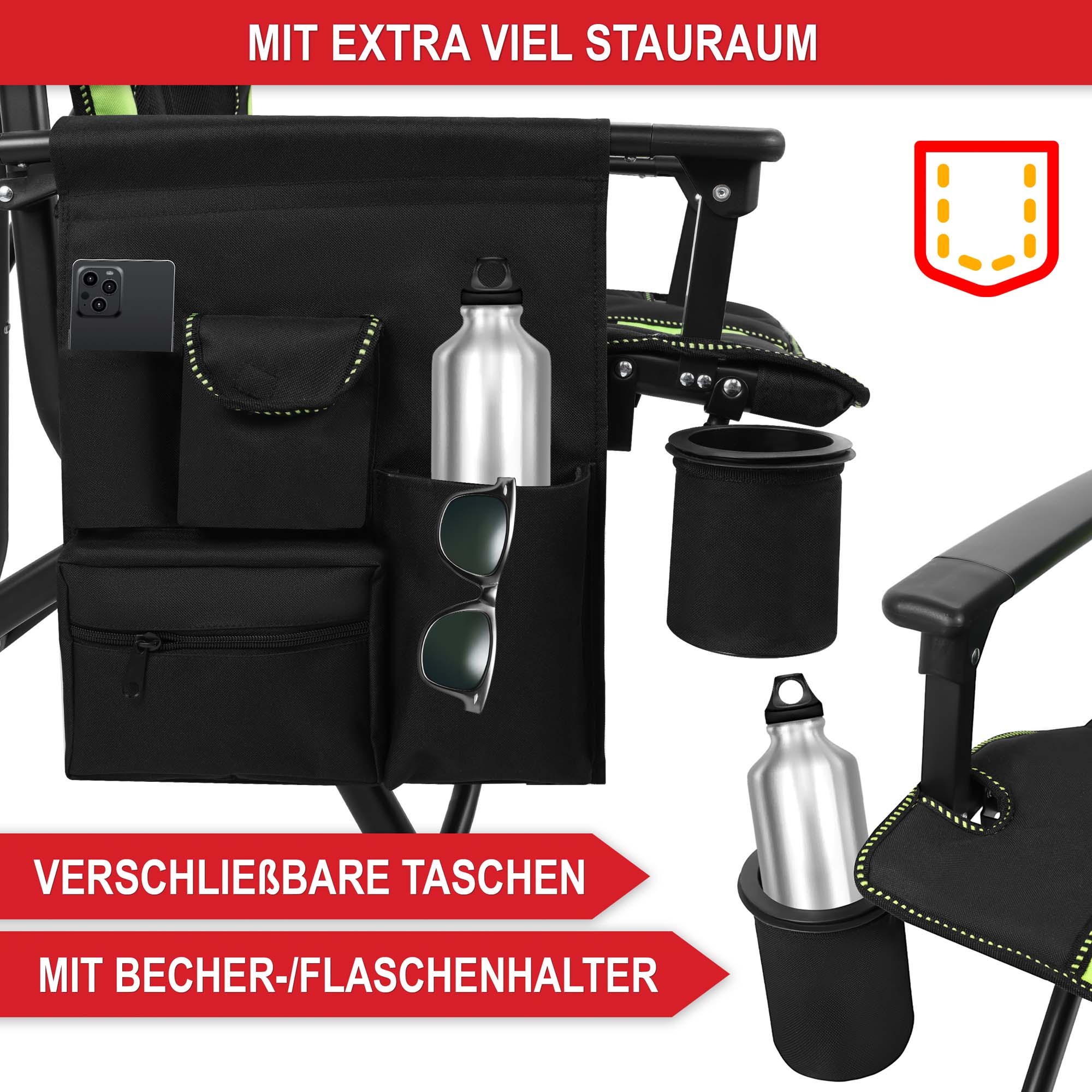 Campingstuhl schwarz/ grün - Mit extra viel Stauraum, verschließbare Taschen, mit Becher-/Flaschenhalter Campingstuhl schwarz/ grün - Mit extra viel Stauraum, verschließbare Taschen, mit Becher-/Flaschenhalter
