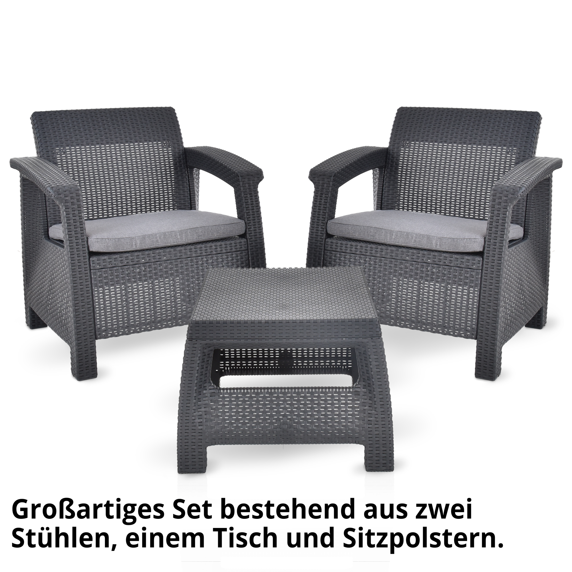 Gartensitzgruppe; Großartiges Set besteht aus zwei Stühlen, einem Tisch und Sitzpolstern