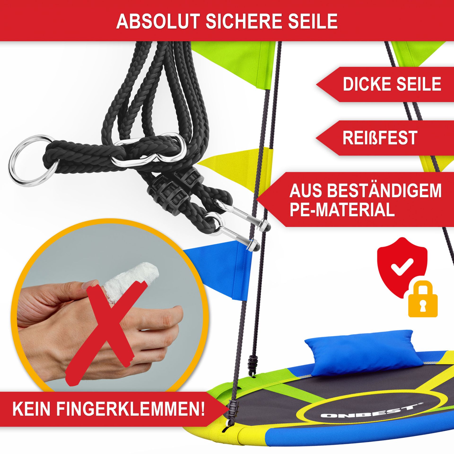 Nestschaukel - absolut sichere Seile, sicke Seile, reißfest, aus beständigem PE-Material