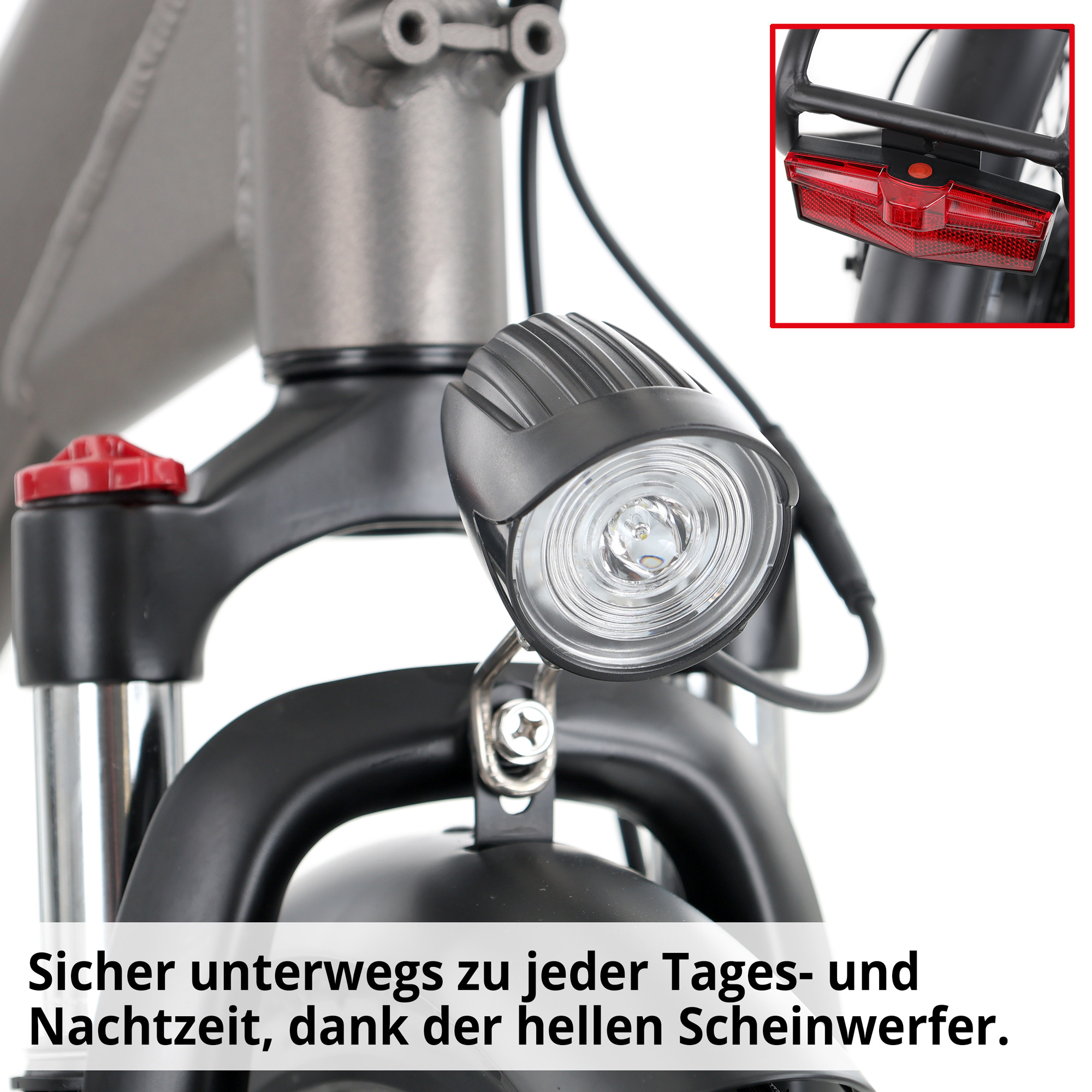Elektro Klapprad; Sicher unterwegs zu jeder Tages- und Nachtzeit, dank heller Scheinwerfer