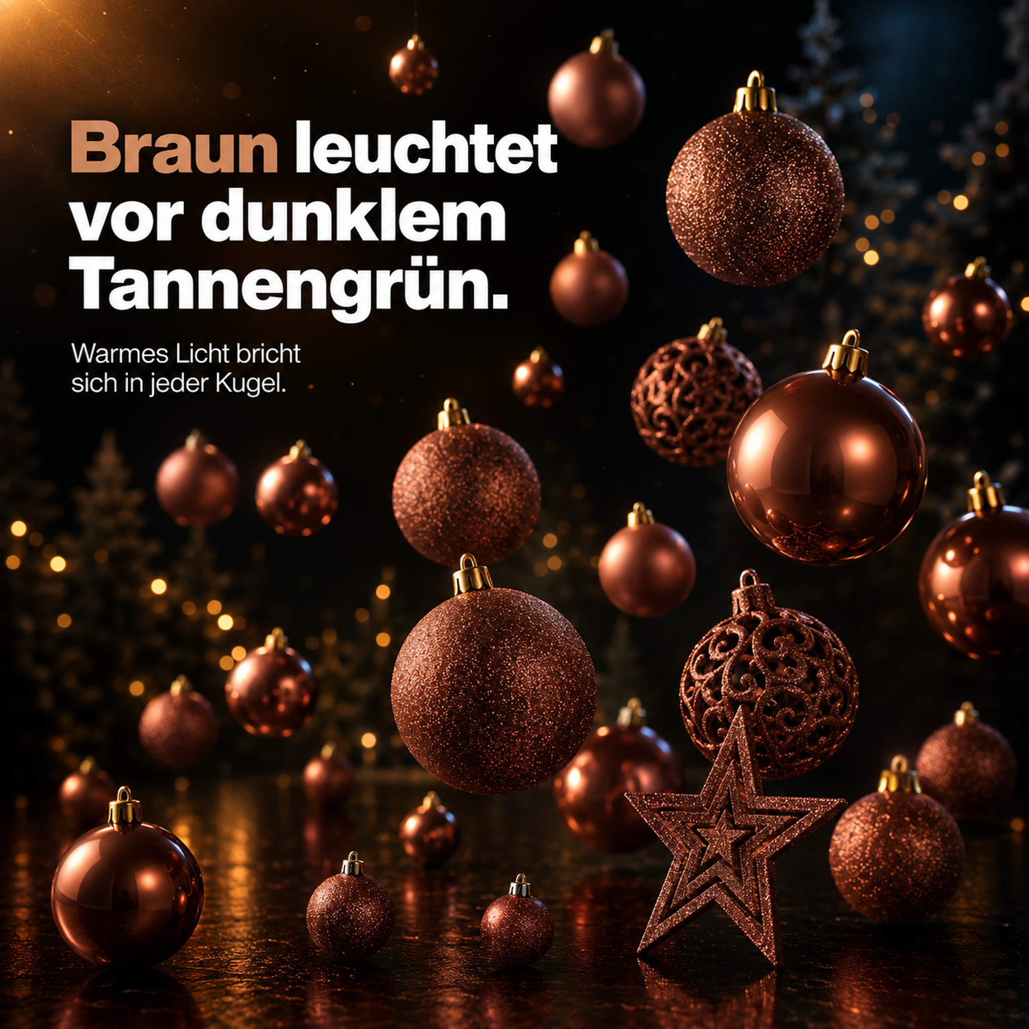 Braune Baumkugeln: Warmes Licht bricht sich festlich vor Tannengrün. (Dieses Bild wurde mit Hilfe von KI generiert.)
