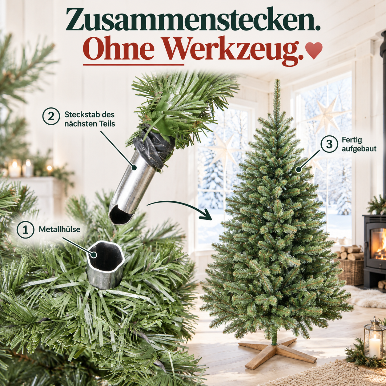 Tannenbaum künstlich aufbauen: Schnelles Stecksystem mit robuster Metallhülse (Dieses Bild wurde mit Hilfe von KI generiert.)