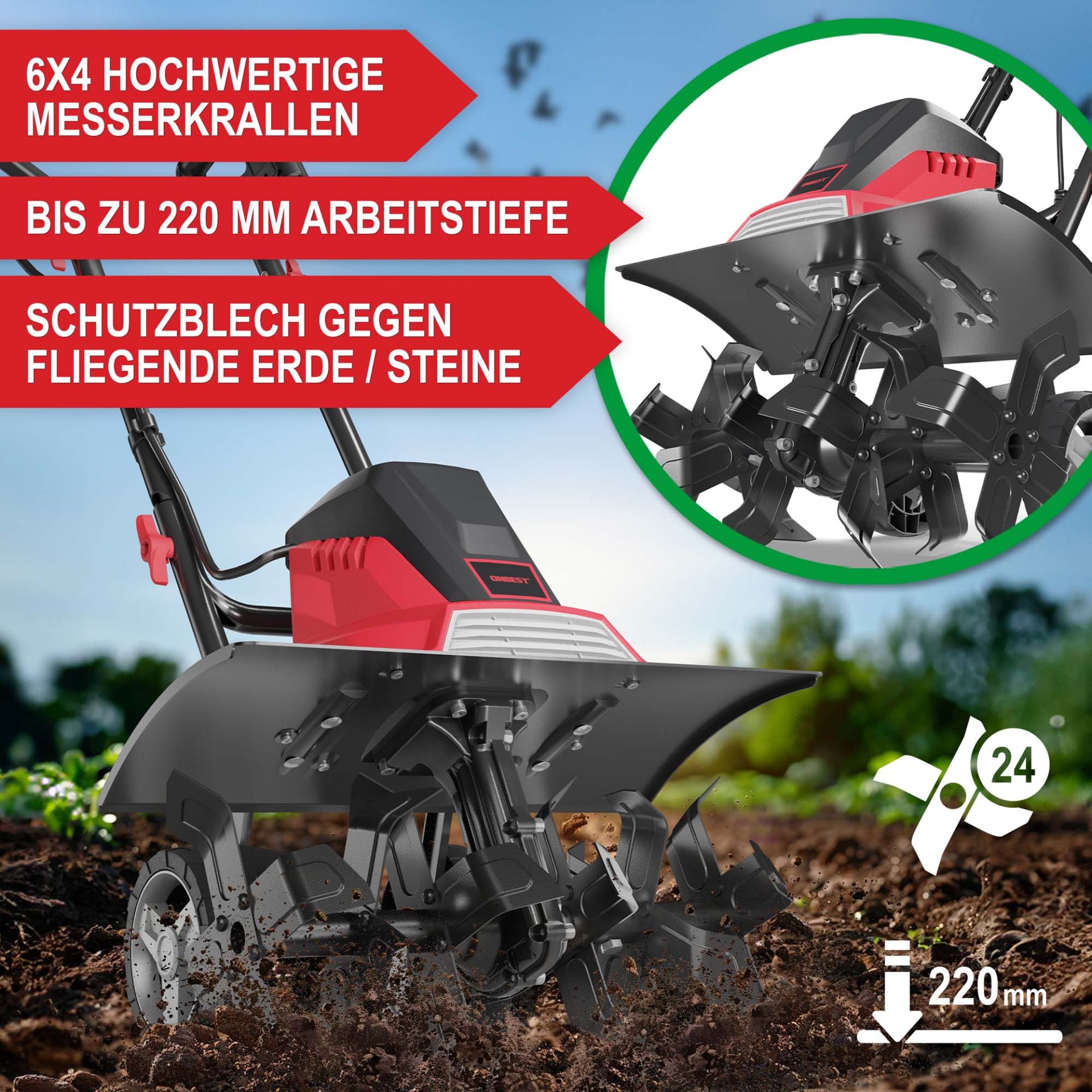 Gartenhacke Elektro T1545 - Hochwertige Messerkrallen; Große Arbeitstiefe; Schutzblech gegen fliegende Erde und Steine Gartenhacke Elektro T1545 - Hochwertige Messerkrallen; Große Arbeitstiefe; Schutzblech gegen fliegende Erde und Steine