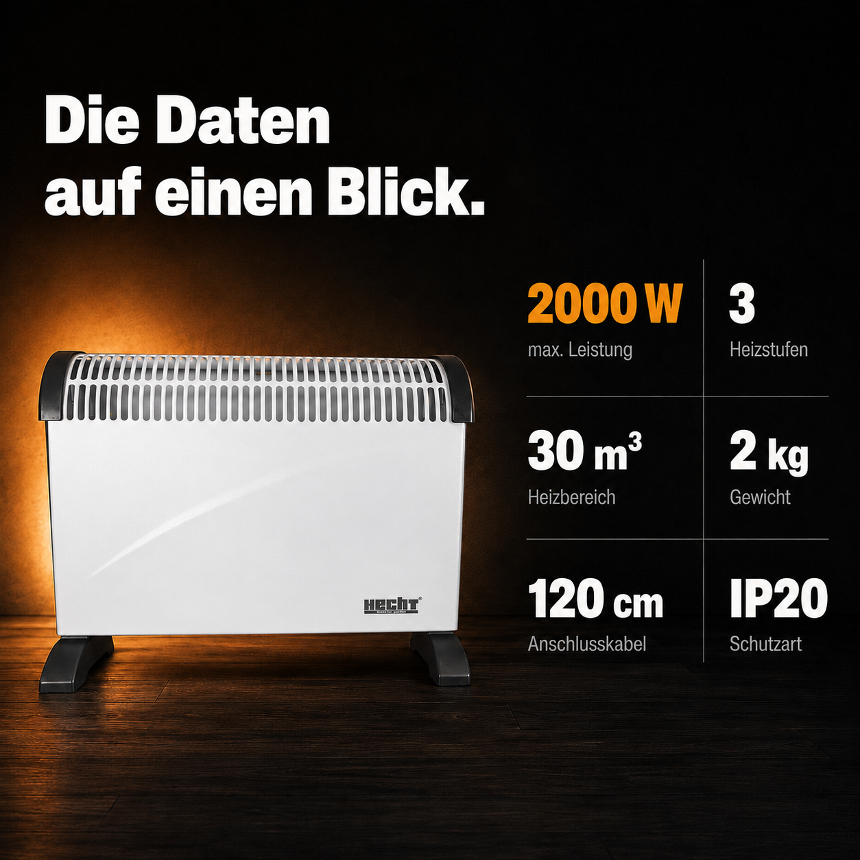 Technische Daten der weißen HECHT Elektroheizung mit 2000W (Dieses Bild wurde mit Hilfe von KI generiert.)
