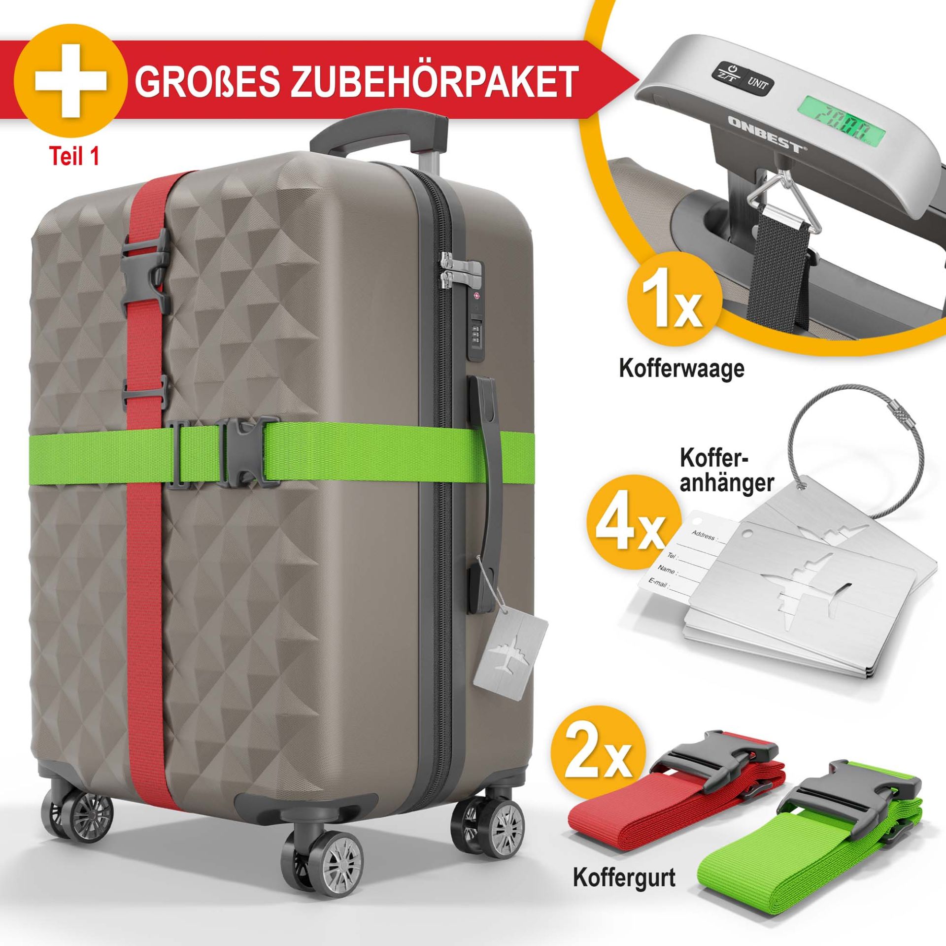 Hartschalenkofferset Champagner - Inklusive großem Zubehörpaket; 1 Kofferwaage; 4 Kofferanhänger; 2 Koffergurte