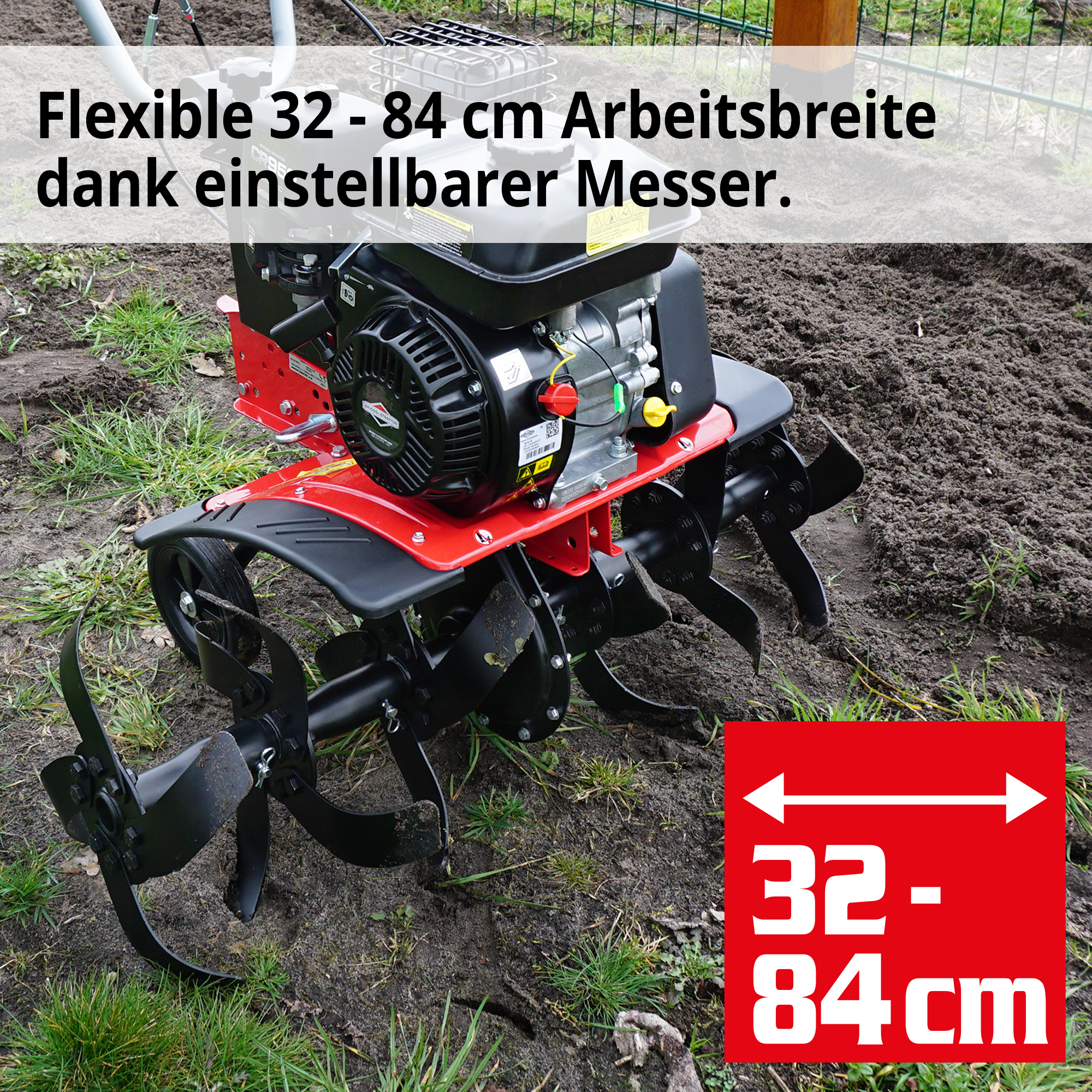 Gartenhacke; Flexible Arbeitsbreite von 32 bis 84 Zentimetern