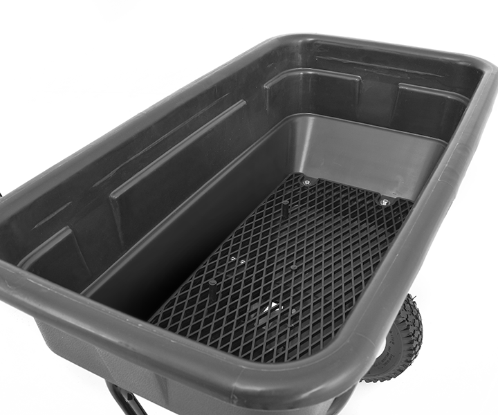 Streuwagen HECHT – Detailansicht der Wanne mit Siebeinsatz zur Vermeidung von Verstopfungen beim Streuen