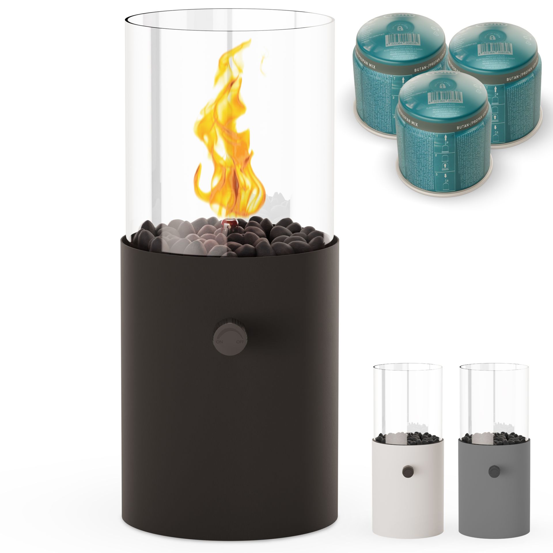 Gas-Tischkamin mit Flamme – Farbauswahl in Schwarz, Weiß und Grau