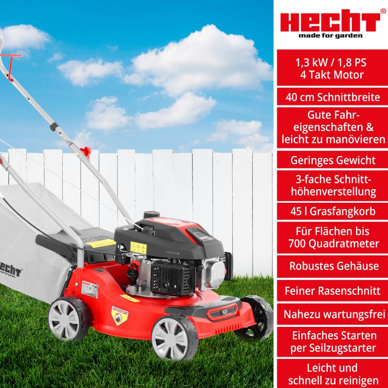 Benzinrasenmäher mit 1  PS 4-Takt Motor 40 cm Schnittbreite 45 l Fangkorb für Flächen bis 700 Quadratmeter 